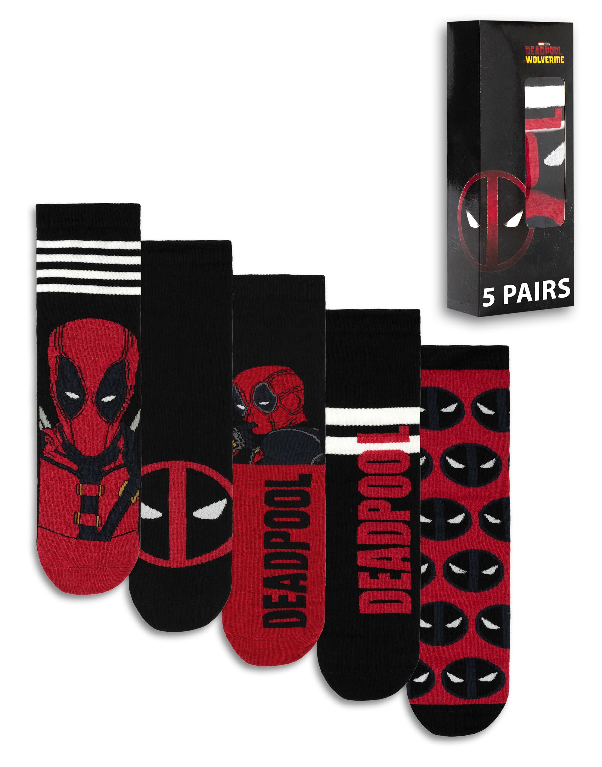 Marvel Men's Black Deadpool Calf Socks Set Of 5 | Graphic Design In Red & | Everyday Wear | Movie Character Merchandise Merch - 7-11 Uk