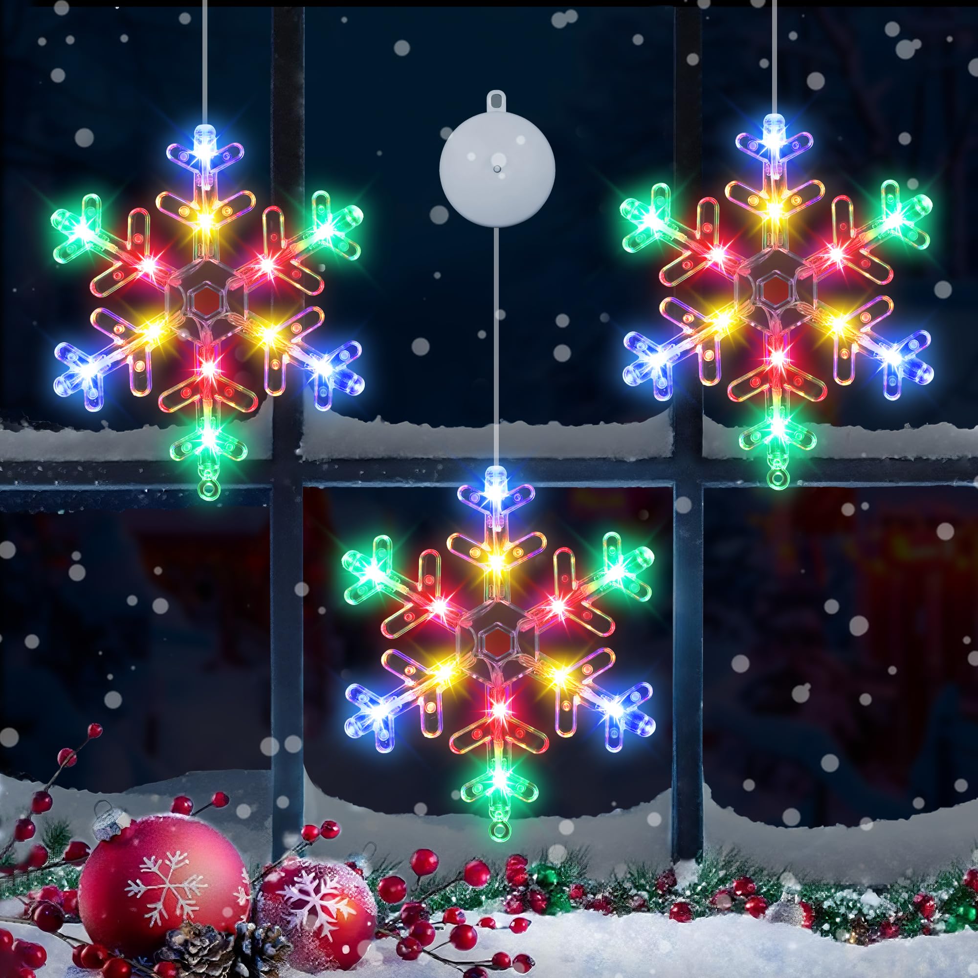 [Timer] Decorazioni natalizie per finestre, 3 pezzi con fiocco di neve luci natalizie con ventosa, luci a forma di fiocco di neve a batteria, decorazioni natalizie per interni ed esterni, camino