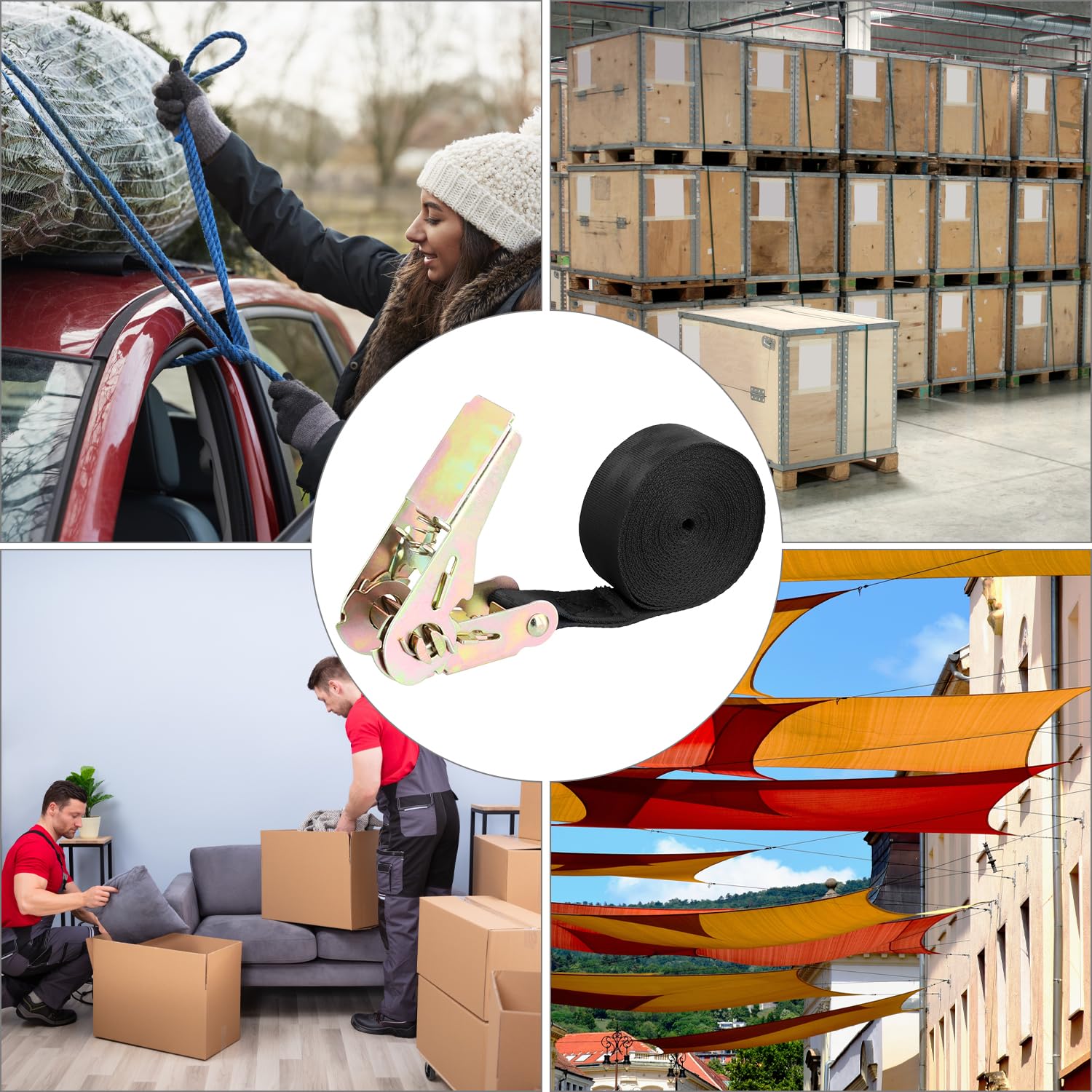 QWORK® 4 sztuki pasów mocujących z naciągiem za pomocą klamry z mechanizmem zapadkowym, 4 m, pas mocujący odporny na warunki atmosferyczne, zestaw pasów mocujących, do kajaków, desek do surfowania