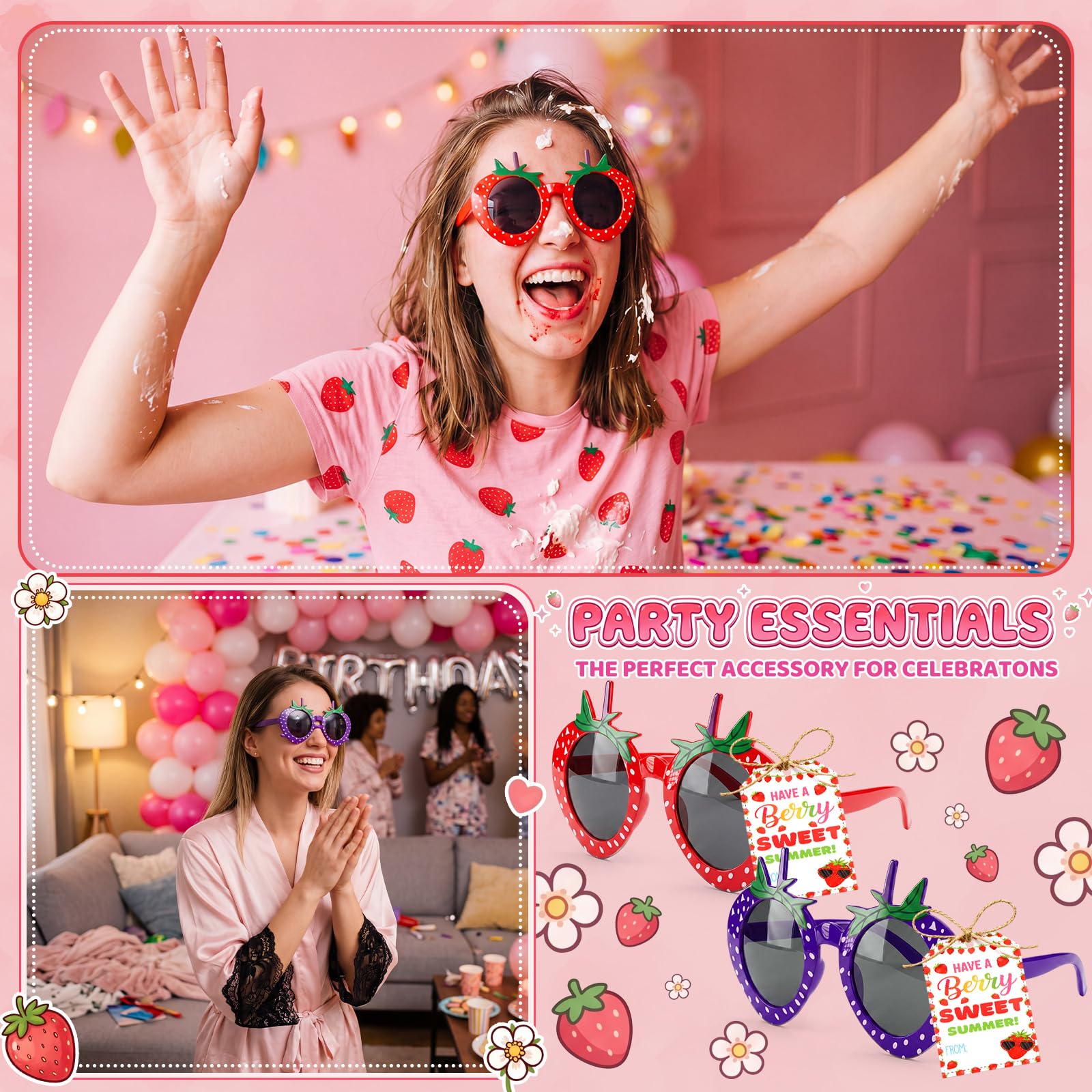 Tanlade Lot de 24 paires de lunettes de soleil en forme de fraise avec jolies cartes d'été, fournitures de fête d'anniversaire, cadeaux sur le thème de la fraise, accessoires photo