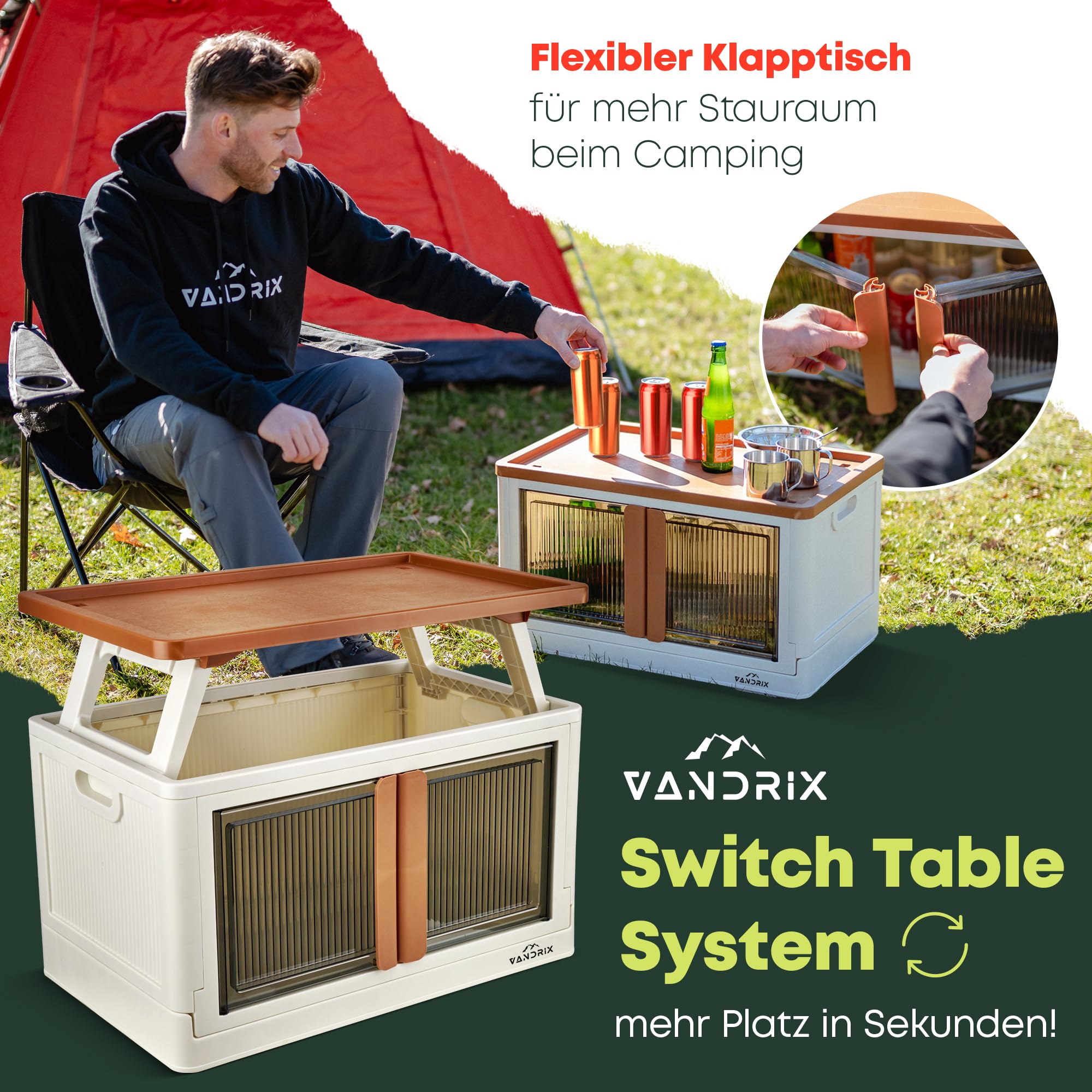 VANDRIX Campingschrank faltbar mit Tischfunktion – Ultraleicht (3,9 kg), in 1 Min. aufgebaut, wetterfest, 20 kg Traglast, stabil auf Sand/Kies, ideal für Vanlife, Zelt & Outdoor Reisen