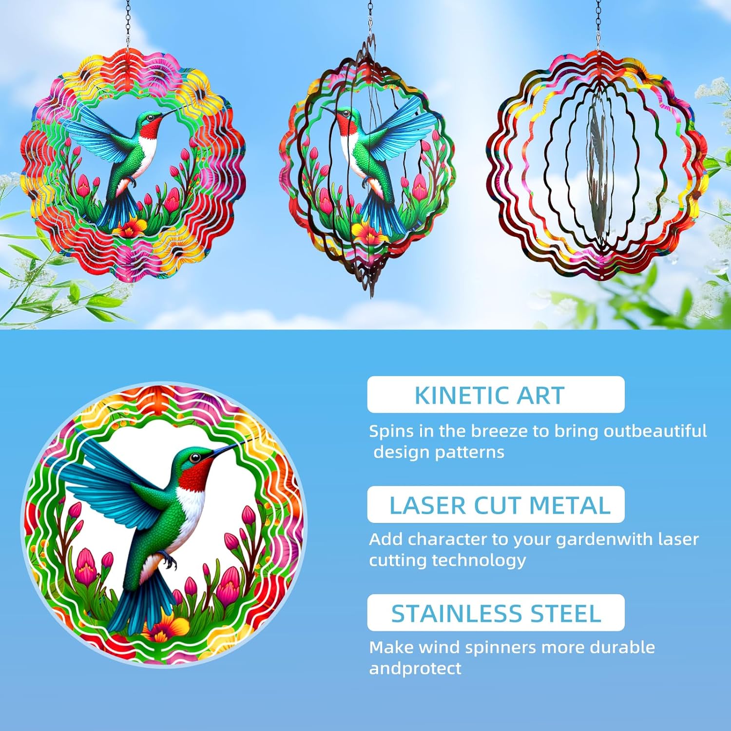 Wind Spinners Outdoor,Hanging 3D Hummingbird Garden Wind Spinner for Outdoor Silhouette Decorations,Gifts for Women Men Metal Wind Kinetic Sculpture for Decor Garden,Yard Art,Patio,Porch,Balcony