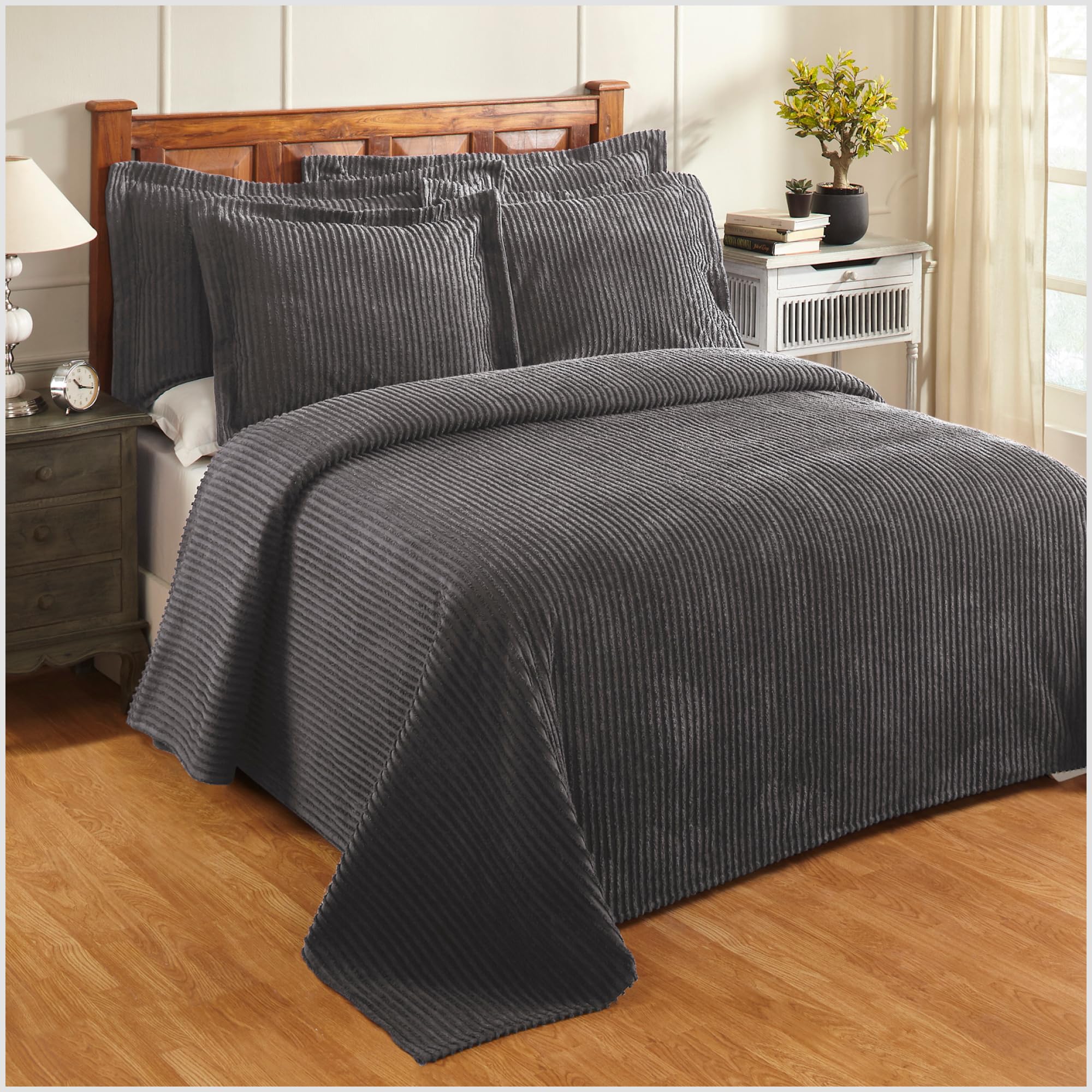 Better Trends Chenille Bedspreads Full/Double Size, Gray 100% Cotton Chenille Stripe Design Tufted Bedding Coverlet Soft Lightweight, 96x110 1 Pieces Jullian Collection