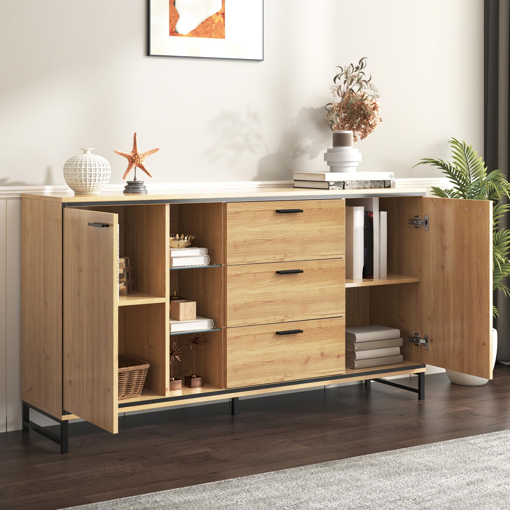 Credenza a tre cassetti con due ante Squisita venature credenza moderna in colore legno con ripiani - mobili eleganti e funzionali, colore legno e nero.