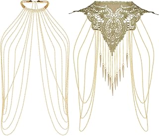 2PCS Body Chain Gold for Women Fashion Layered Tassel Lace Body Chain Necklace Belly Chain Jewelry Bikini Body Jewelry Gold Plated Body Chains Beach Body Jewelry