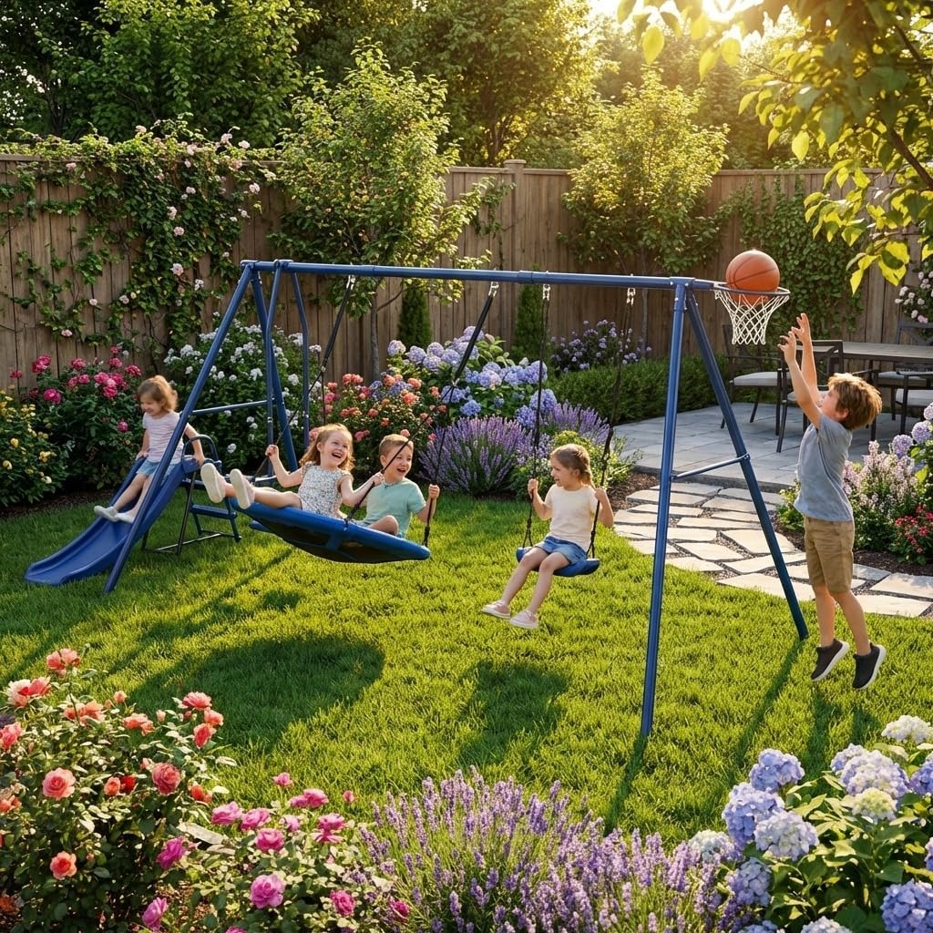 Outdoor Swing Set for Kids Ages 3+, 6-Function Heavy Duty Metal Playground Equipment with 31.5in Net Saucer Swing, 440lbs Capacity, Grey & Blue