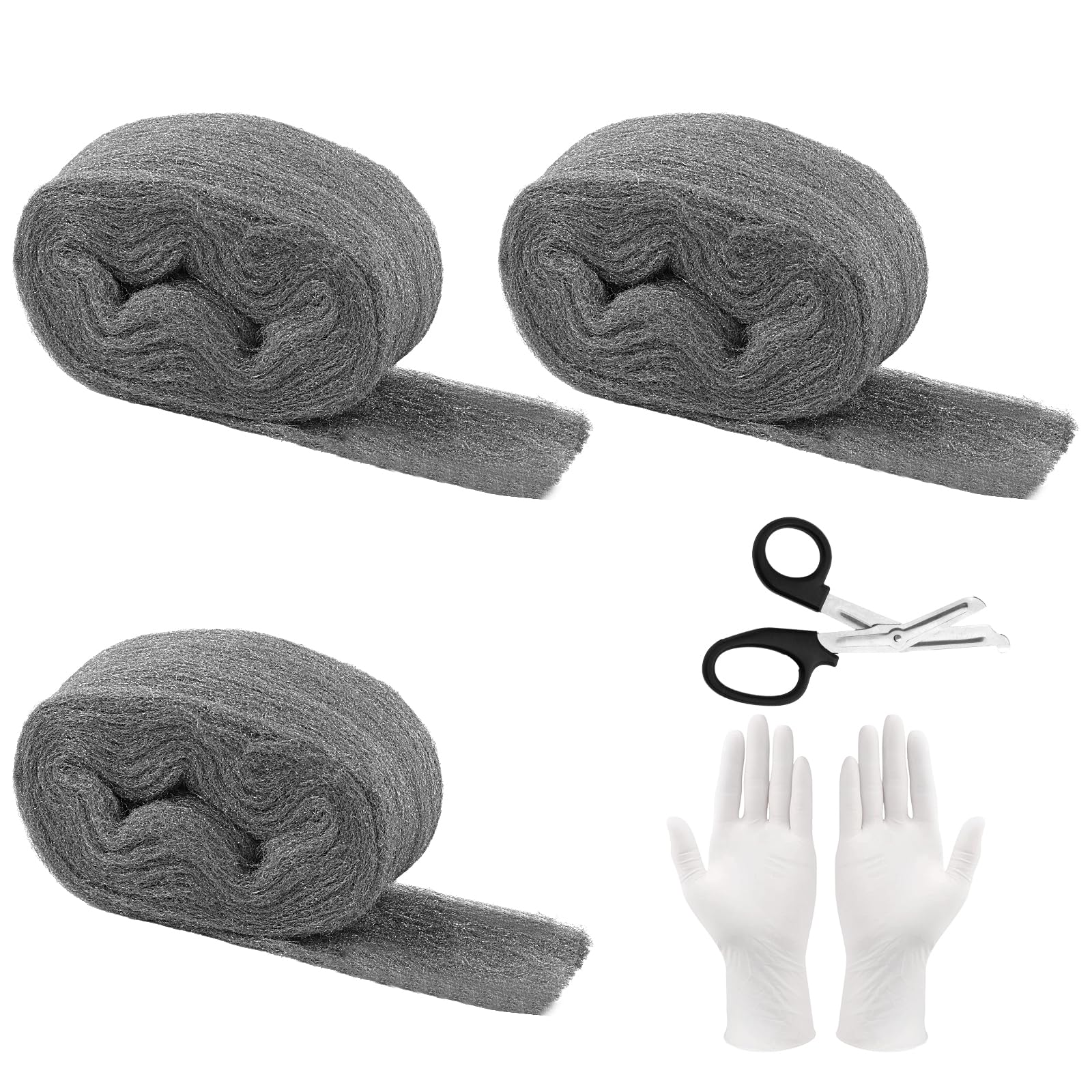 Stahlwolle 0000, 3 Rollen Stahlwolle Gegen Mäuse, 10,5m Edelstahlwolle Fein mit Arbeitshandschuhen und Schere für Löcher und Wand Risse von Haus, Garage, Garten und für Reinigen und Polieren