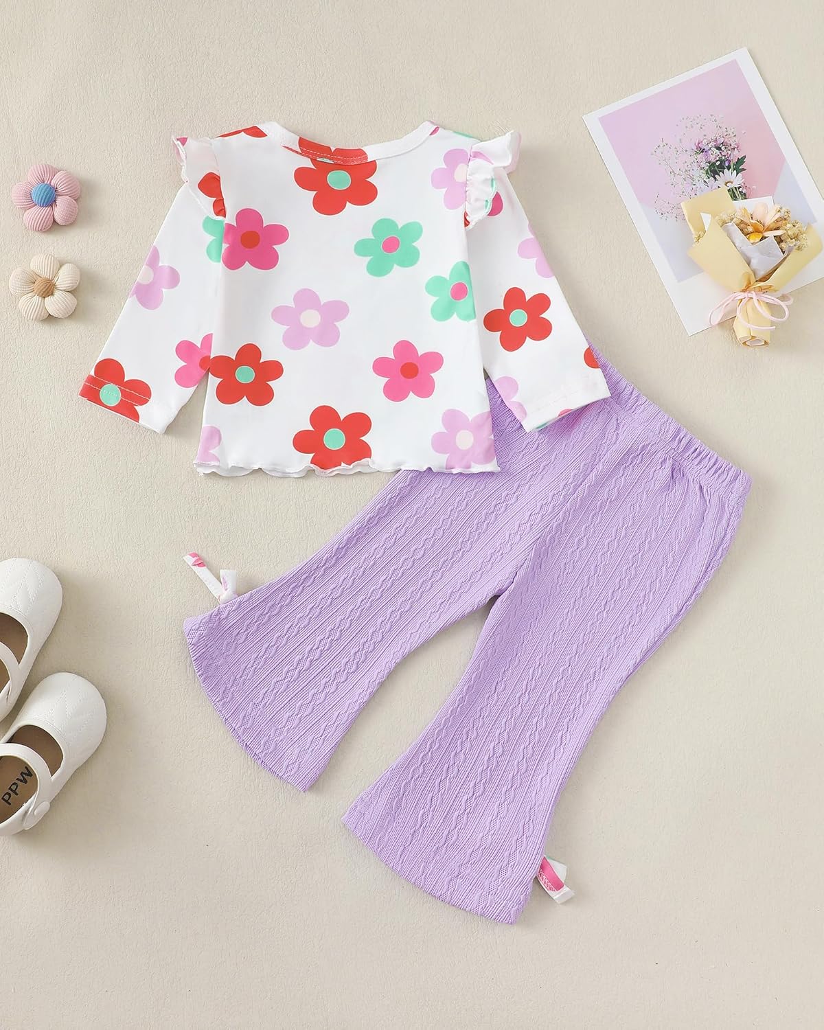 Kucnuzki Toddler Baby Girl Clothes Outfit Long Sleeve Ruffle T Shirt Top Bell Bottom Pants Two Piece Fall Winter Outfits - Image 3