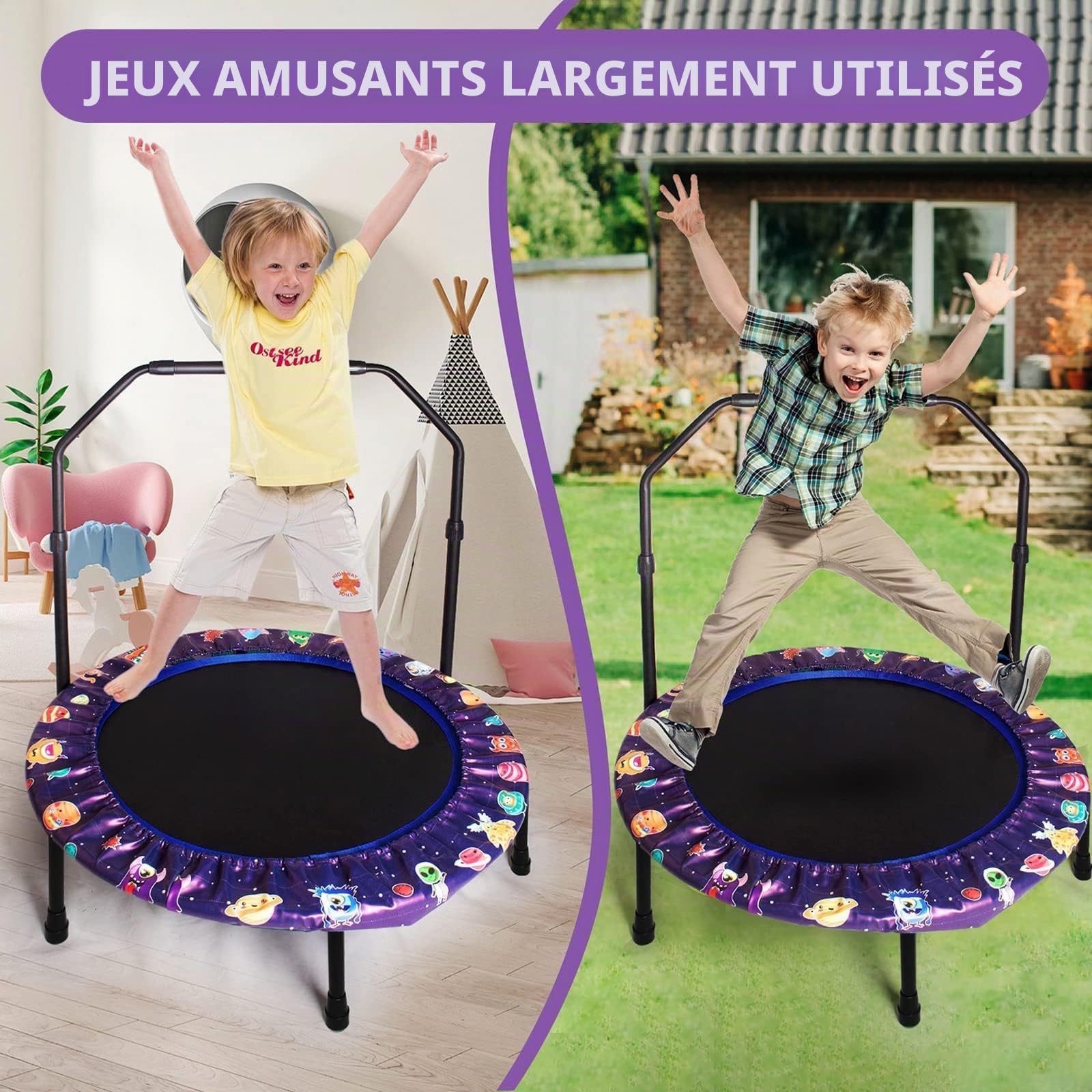 Mini trampoline pour enfants de 91 cm pour intérieur et extérieur avec poignée réglable et couverture de protection rembourrée de sécurité, pliable pour que les jeunes enfants jouent et fassent de