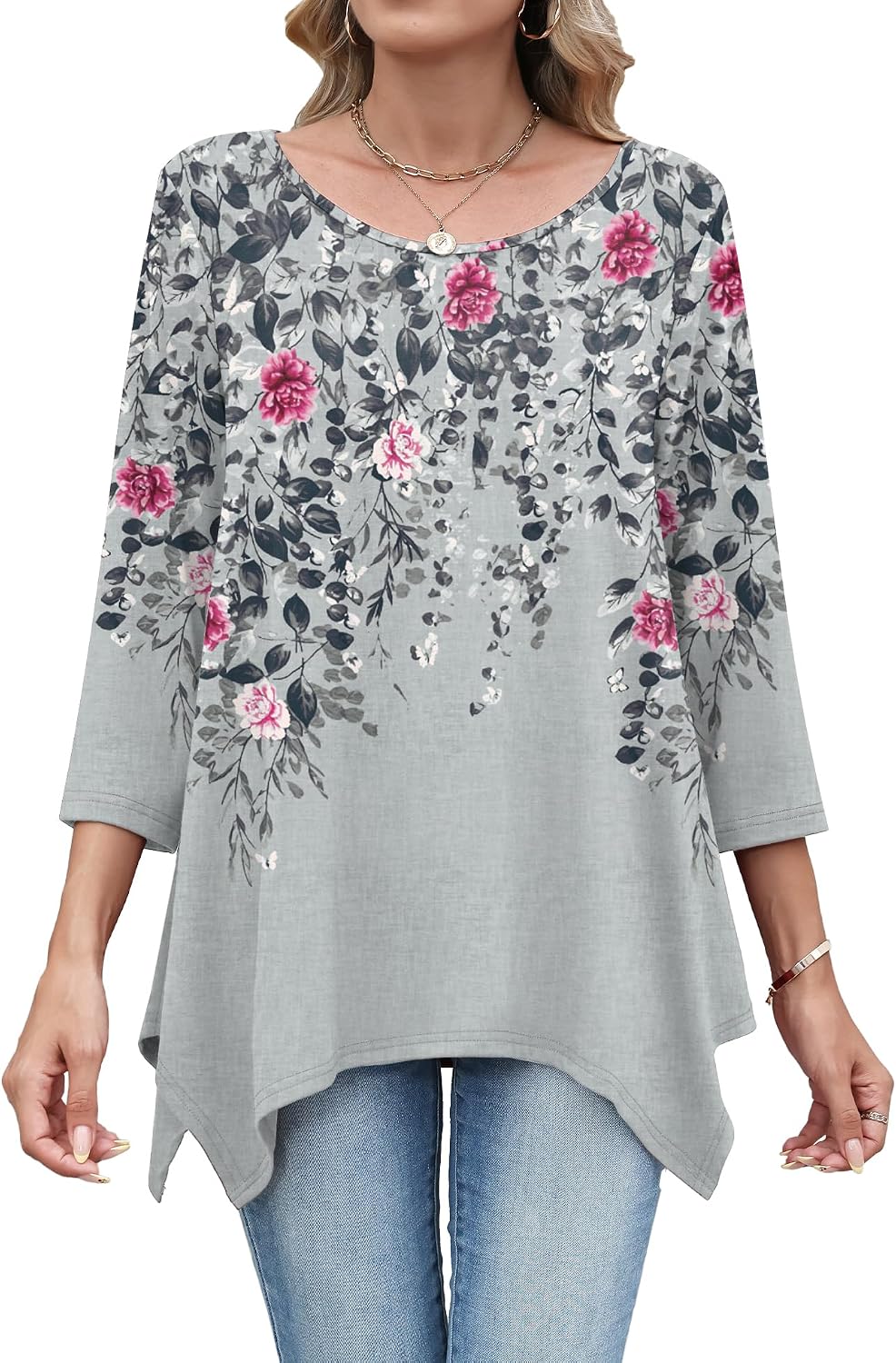 AKEWEI 3/4 Length Sleeve Womens Tunic Tops Loose Fit Blouses Dressy Casual Crew Neck Tees S-2XL image 3