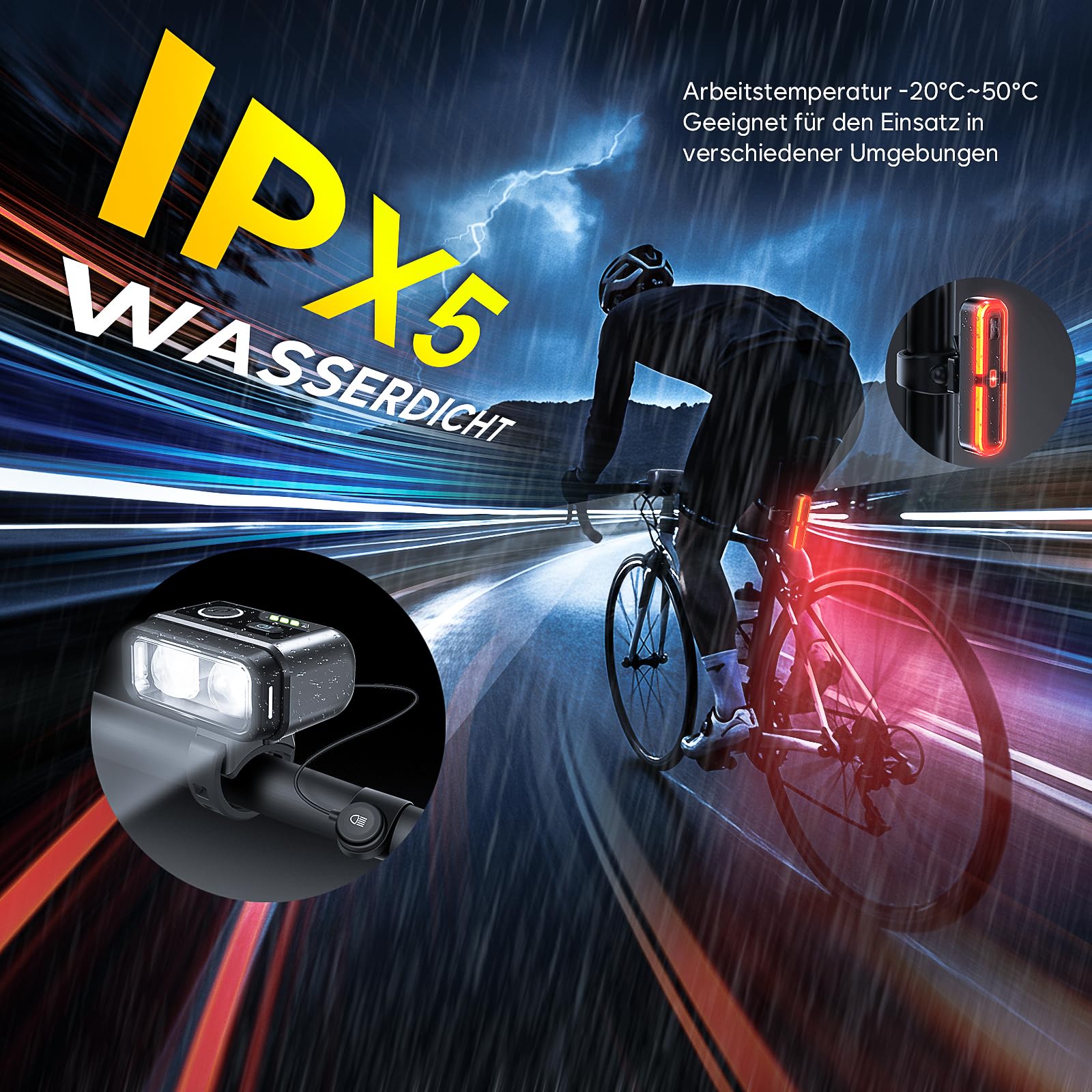 Fahrradlicht Set 100LUX, Fahrradrücklicht Mit Bremsfernlichtfunktion, Aufladbar Fahrradlampe mit 3200mAh Akku, StVZO zugelassen, IPX5 Wasserdicht Frontlicht & Rücklicht Set für Fahrrad MTB Ebike
