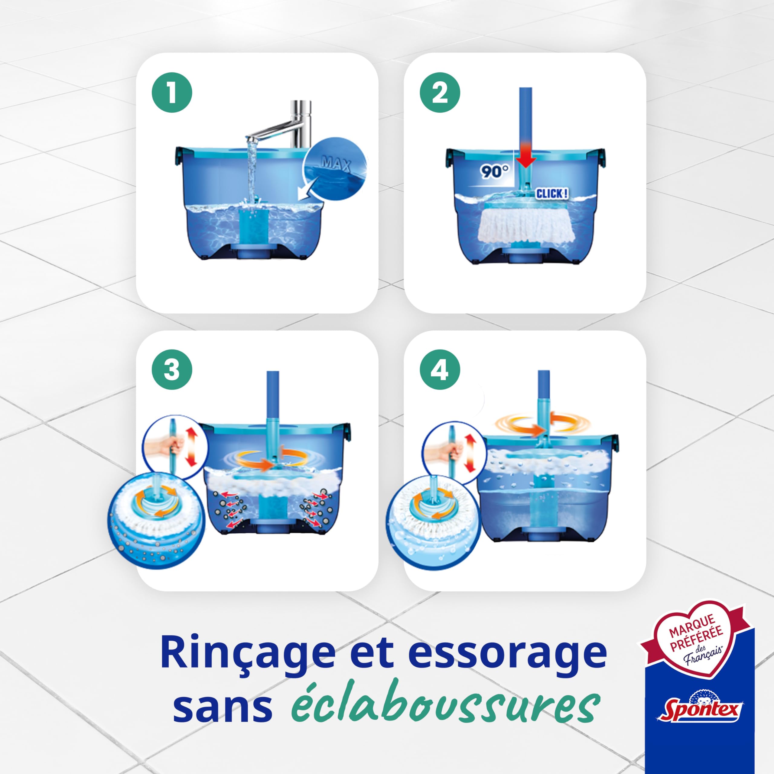 Spontex Kit balai serpillère Full Action X'TRA et seau essoreur - Système de rinçage et d’essorage facile à 360° - Nettoie les sols stratifiés, planchers et carrelages - 2 recharges incluses