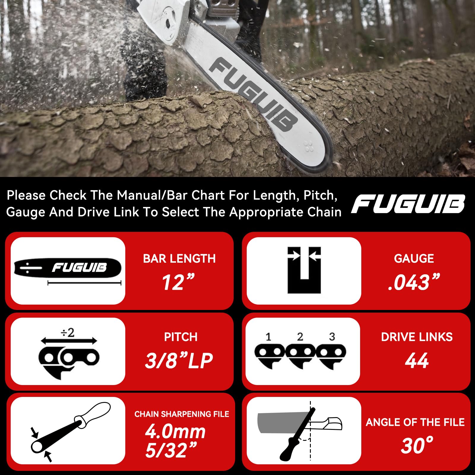 FuGuiB 12 Inch Chain Saw Chains 3-Pack, 30cm 1.1mm 3/8" LP 44 Drive Links, Chains for Chainsaws Replaceable Chainsaw Chain - Image 2