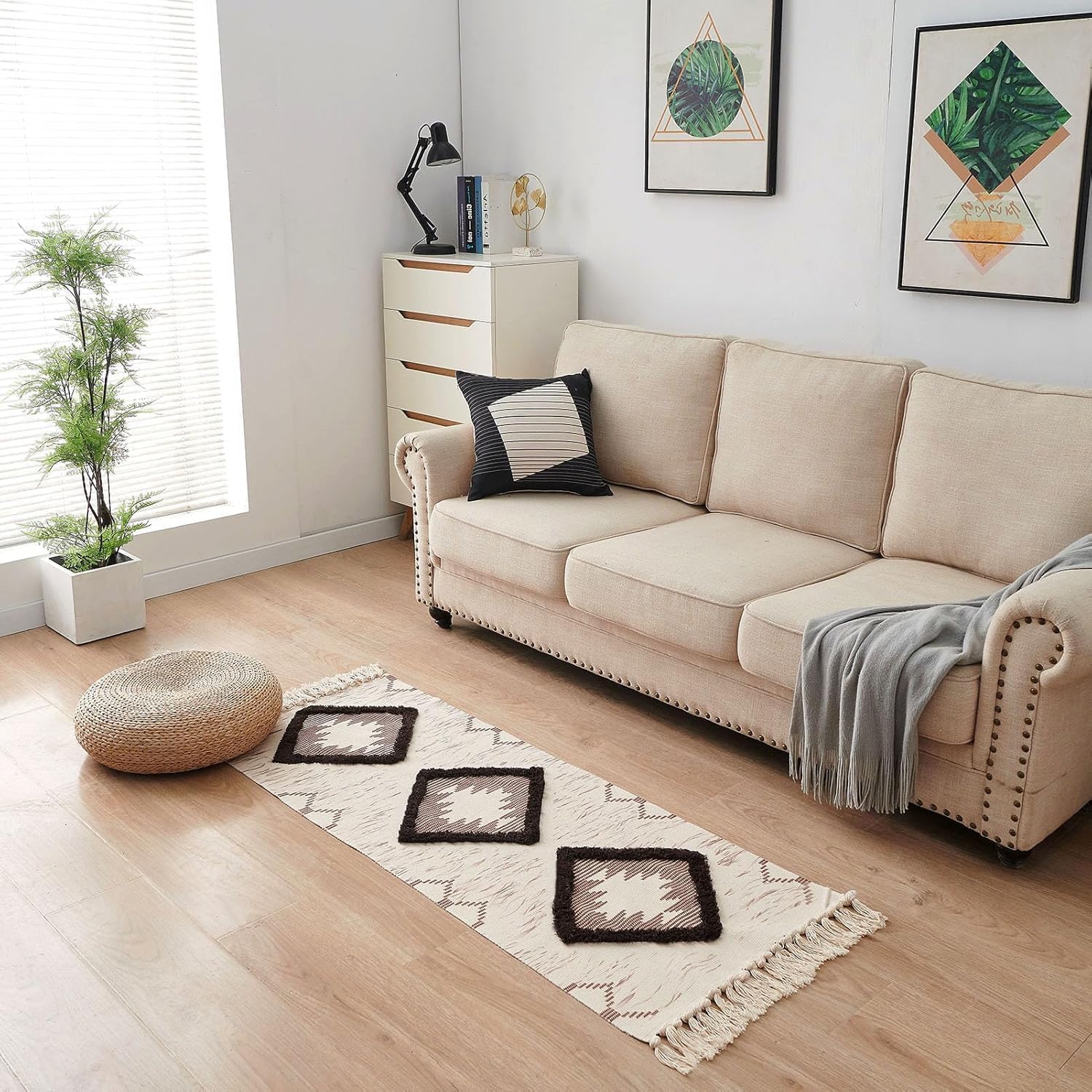 Slazie Handwoven Cotton Bed Runner Rug 2x5 ft | Boho Ethnic Carpet with Tassels | Modern Floor Mat for Bedroom, Living Room, Hallway|White & Brown |4015-image-29