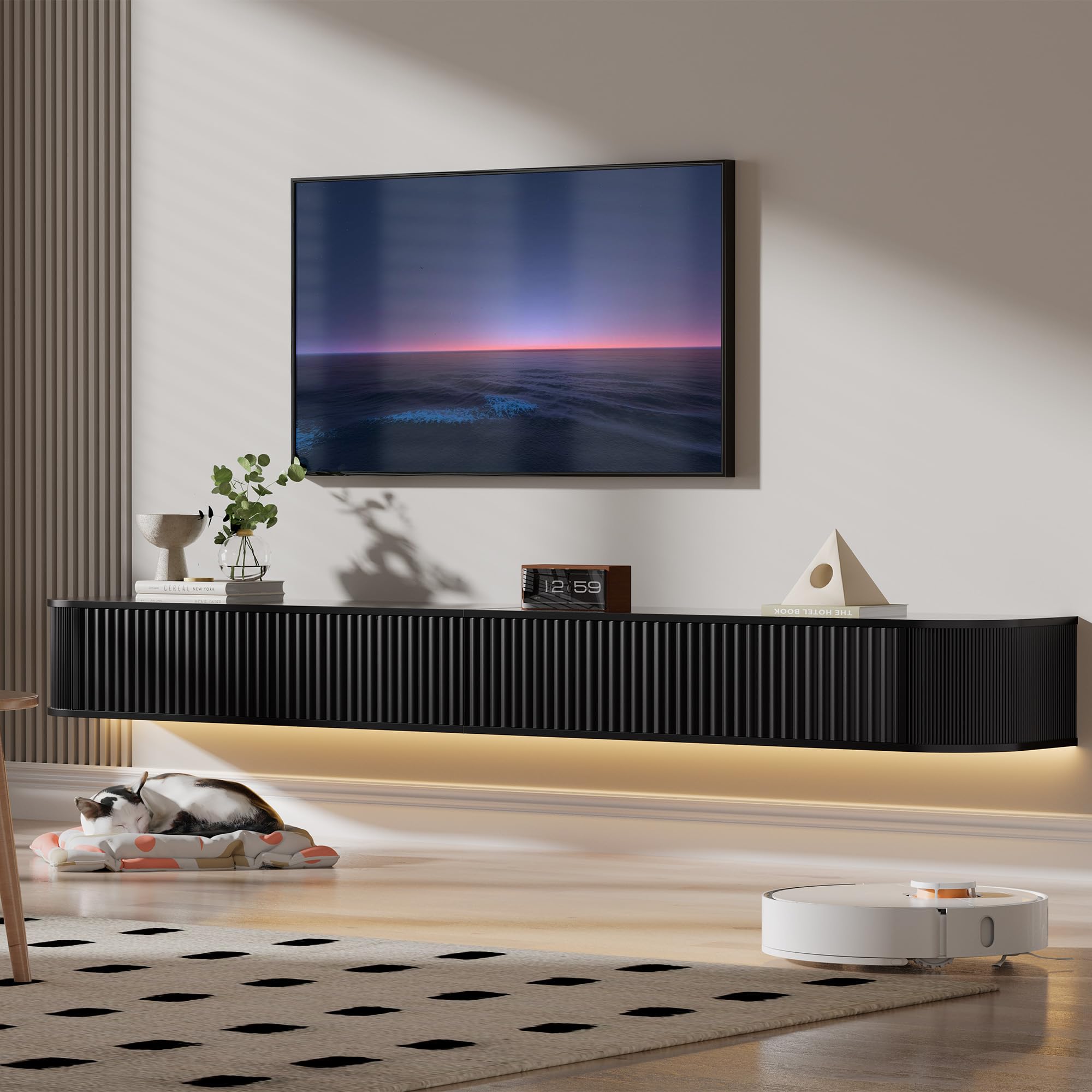 PURFINO Floating TV Stand Unit with RGB LED Light - 200CM Wall Mounted TV Cabinet with Upgraded Storage & Rounded Edges, Modern TV Media Console for 75-85 Inch TVs