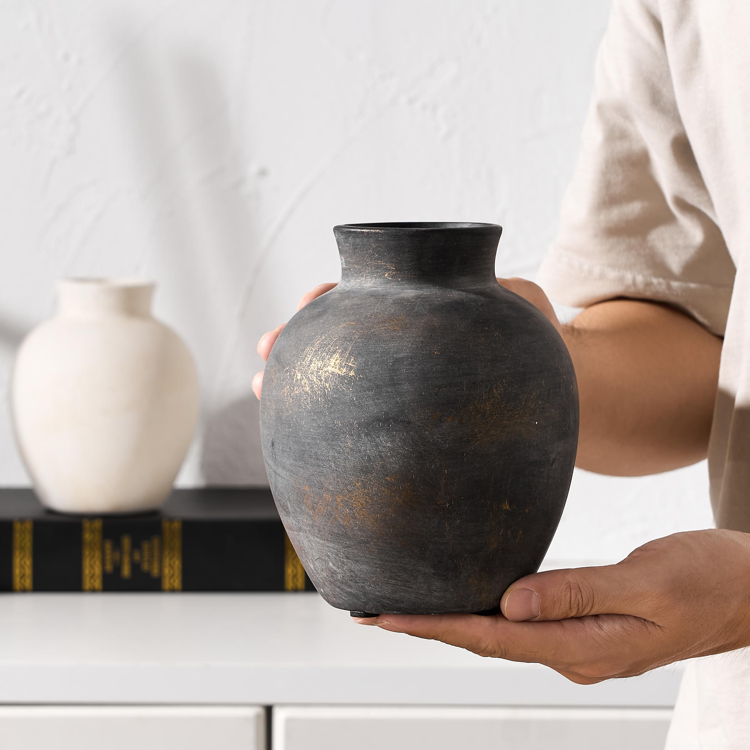 PORCER Vaso da fiori rustico in ceramica, 15,2 cm, grazioso vaso bohémien in terracotta per decorazione domestica, soggiorno, tavolo, mensola, decorazione per camino, fattoria, bronzo
