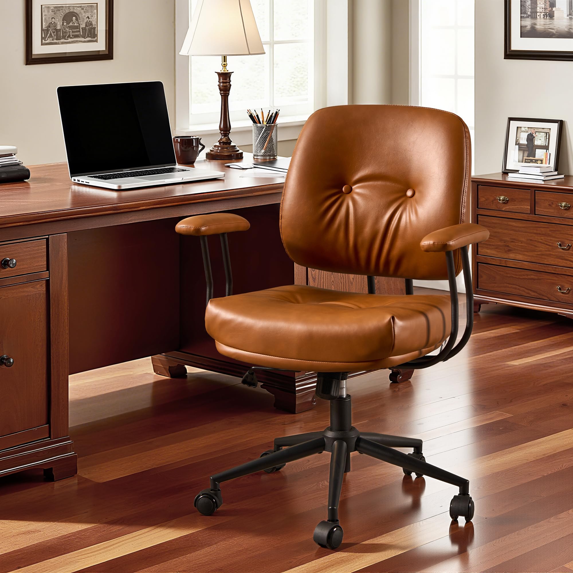 Leather Home Office Chair, Mid Back Ergonomic Desk Chair with Lumbar Support, Mid Century Modern Deep Seat Swivel Rocking Computer Chair, Brown