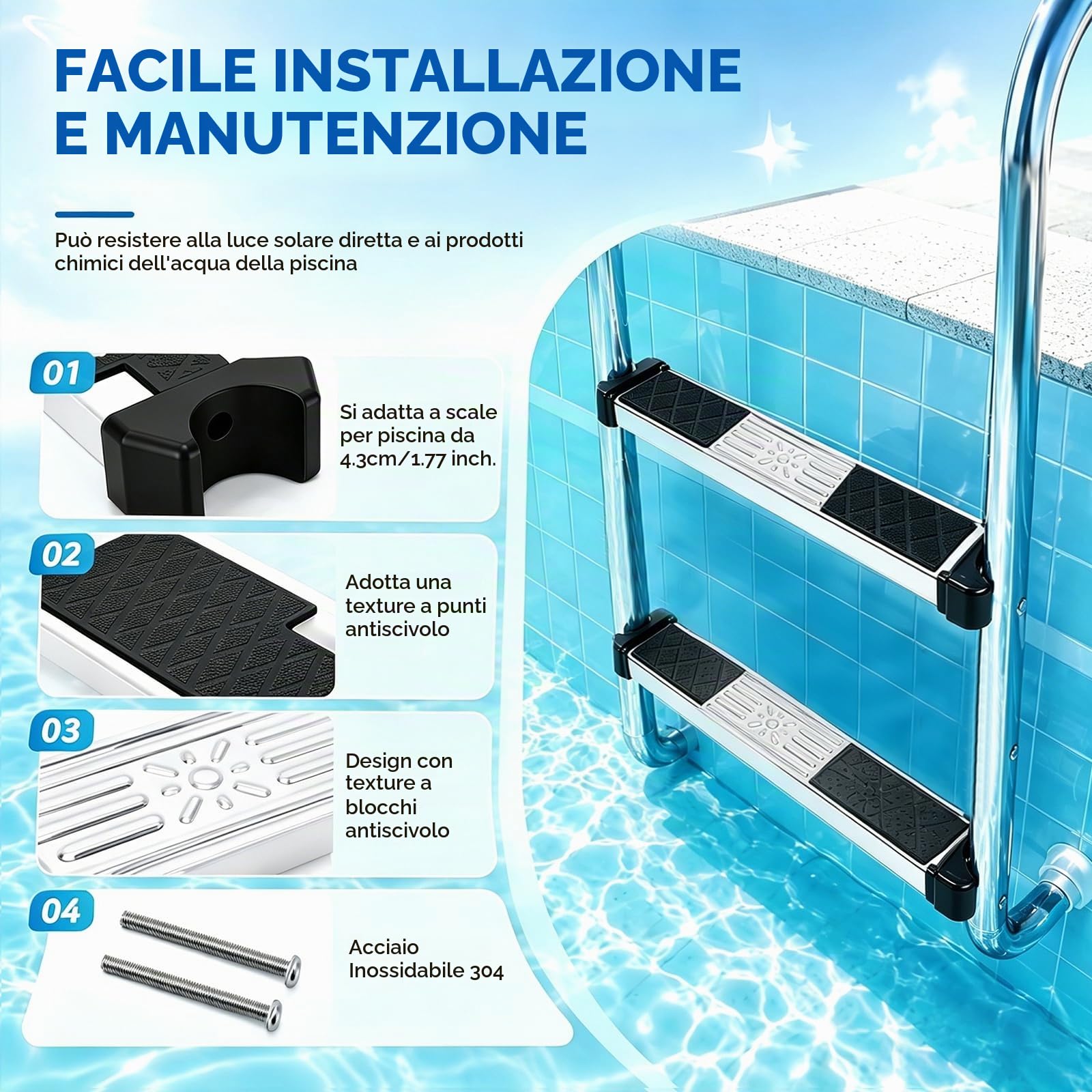 Gradini per Scalette Piscina, Set 2 Gradini Antiscivolo Gradino Ricambio in Acciaio Inox Pedale Universale per Scalette Accessorio Antiscivolo Ricambi per Gradino
