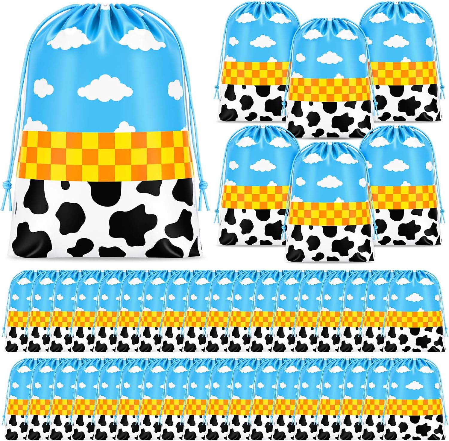Klyyo Clyro 30 Pcs Cartoon Story Theme Drawstring Bags 8 x 10 Inch Cartoon Birthday Party Favors Waterproof Plastic Drawstring Bags Blue Sky White Cloud Cow Print Gift Packaging for Party Supplies