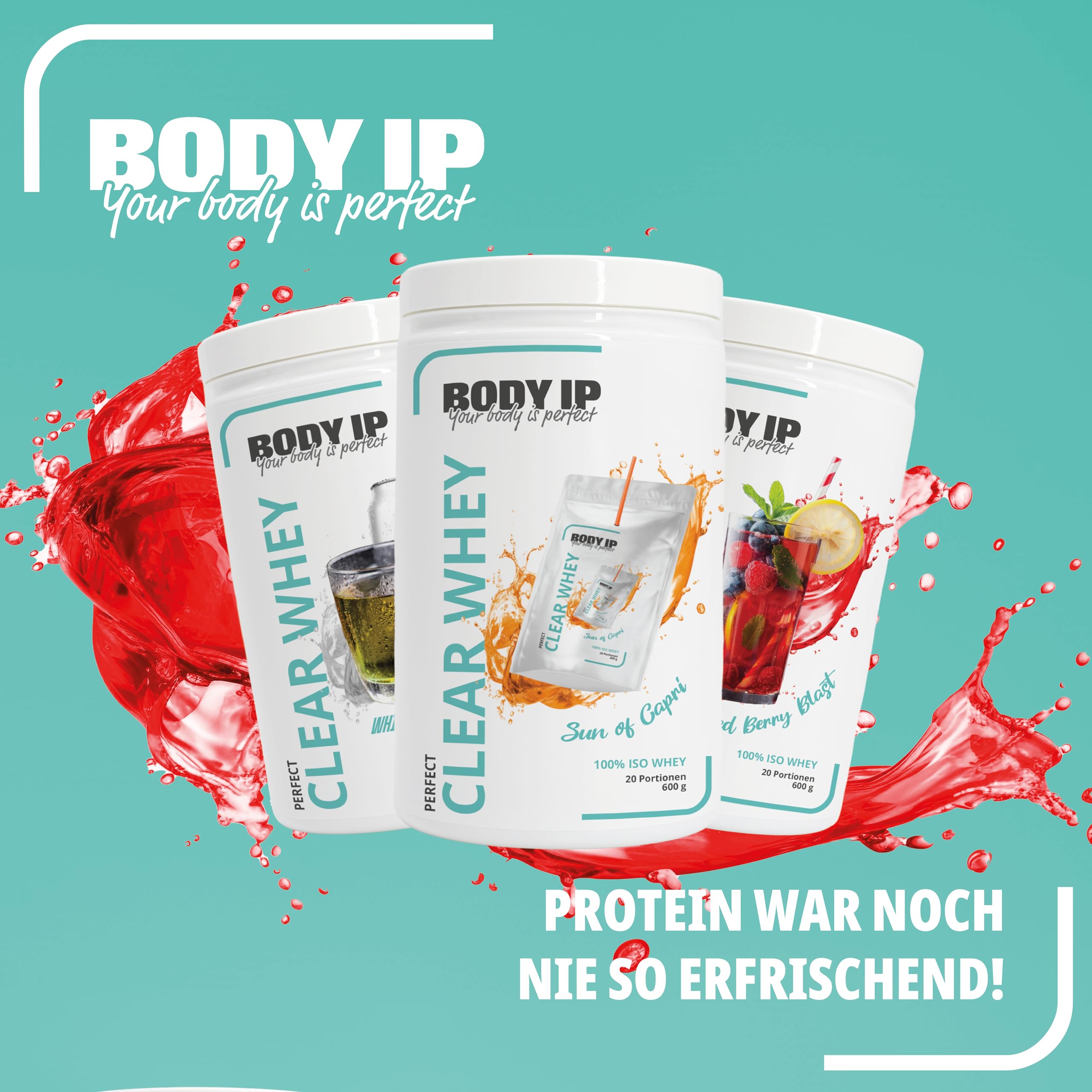 BODY IP Perfect Clear Whey Protein Pulver | Sun of Capri | Eiweißpulver für Protein Shake & Muskelaufbau | Schnelle Aufnahme & gute Löslichkeit | Hoher BCAA Anteil & Eiweißgehalt | 21 Portionen | 600g
