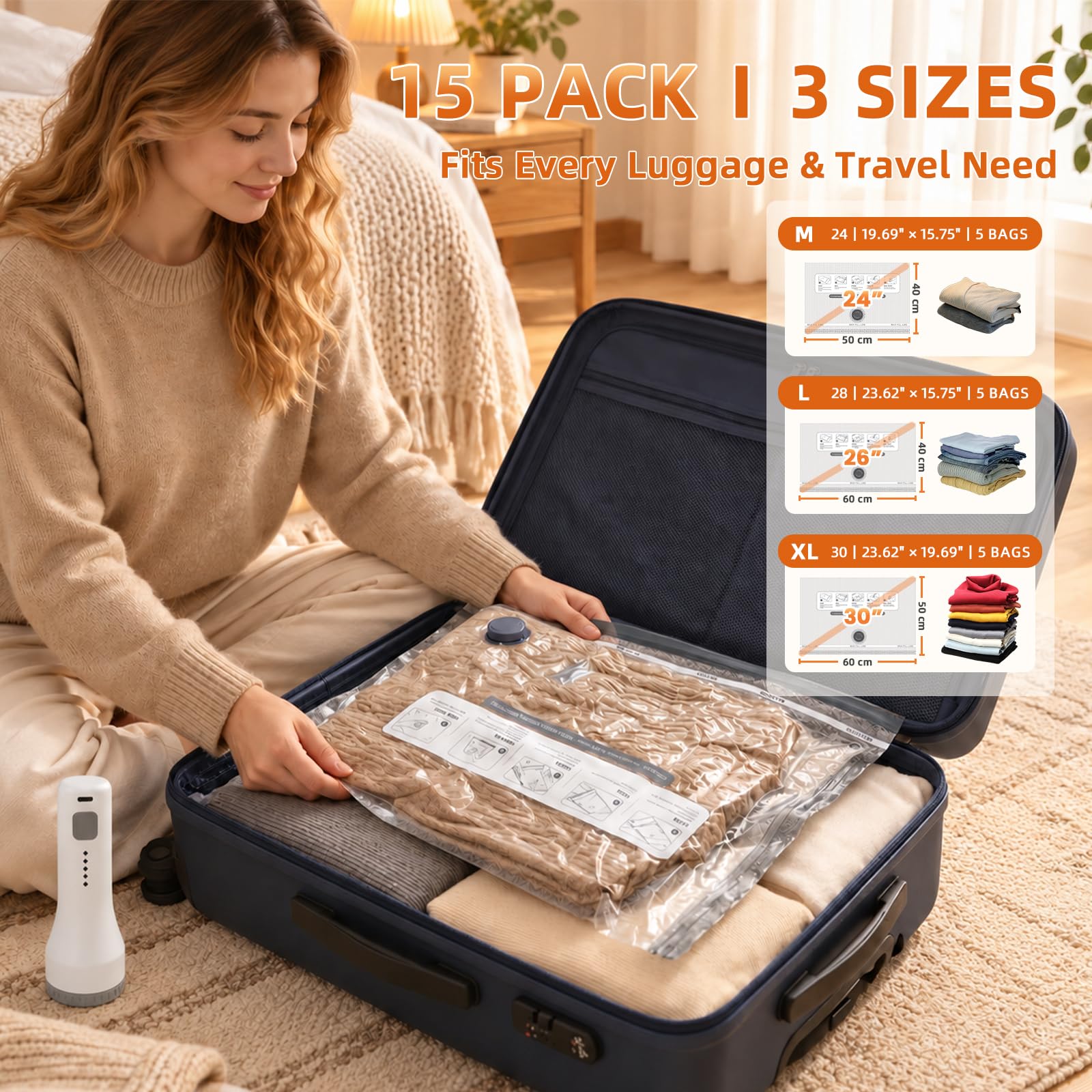 15 Pack Vacuum Storage Bags with 2000mAh Rechargeable Pump - Image 4