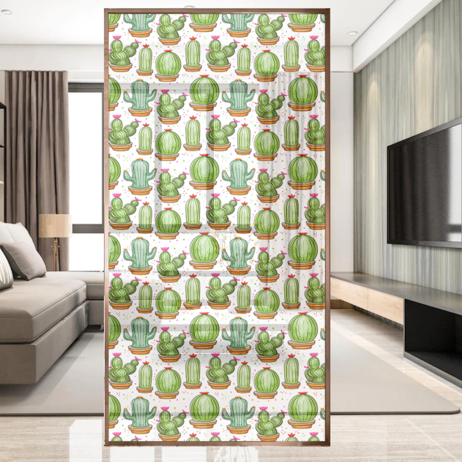 Fensterfolie Farbiger Cartoon-Kaktus Sichtschutzfolie 3D Sichtschutz Folie Ohne Klebstoff Milchglasfolie Anti UV Dekorfolie für Zuhause und Büro, Bad Wohnzimmer 90x200 cm