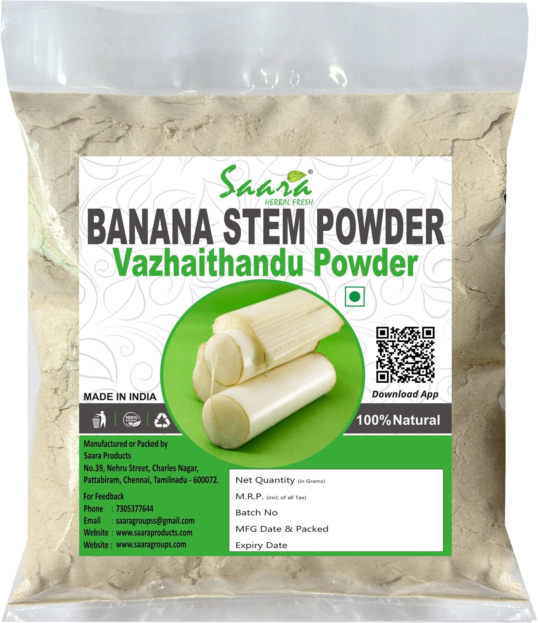 Saara HERBAL FRESH Banana Stem Powder, 101g, Vazhai Thandu,Musa Acuminata, Kele Ka Tana, Unnipindi Powder, Helps to detoxify the body (Pack of 1 x 101g)