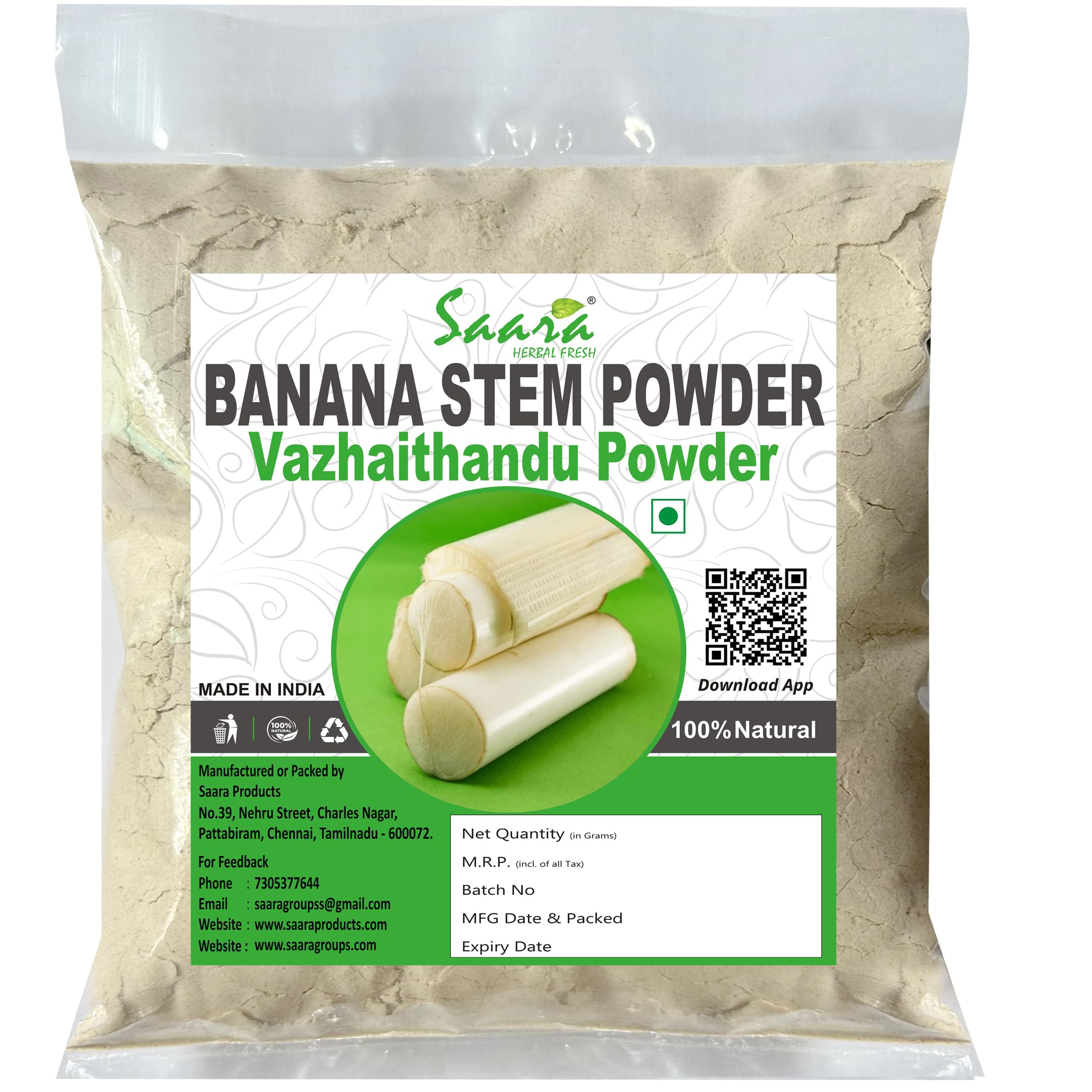 Saara HERBAL FRESH Banana Stem Powder, 101g, Vazhai Thandu,Musa Acuminata, Kele Ka Tana, Unnipindi Powder, Helps to detoxify the body (Pack of 1 x 101g)