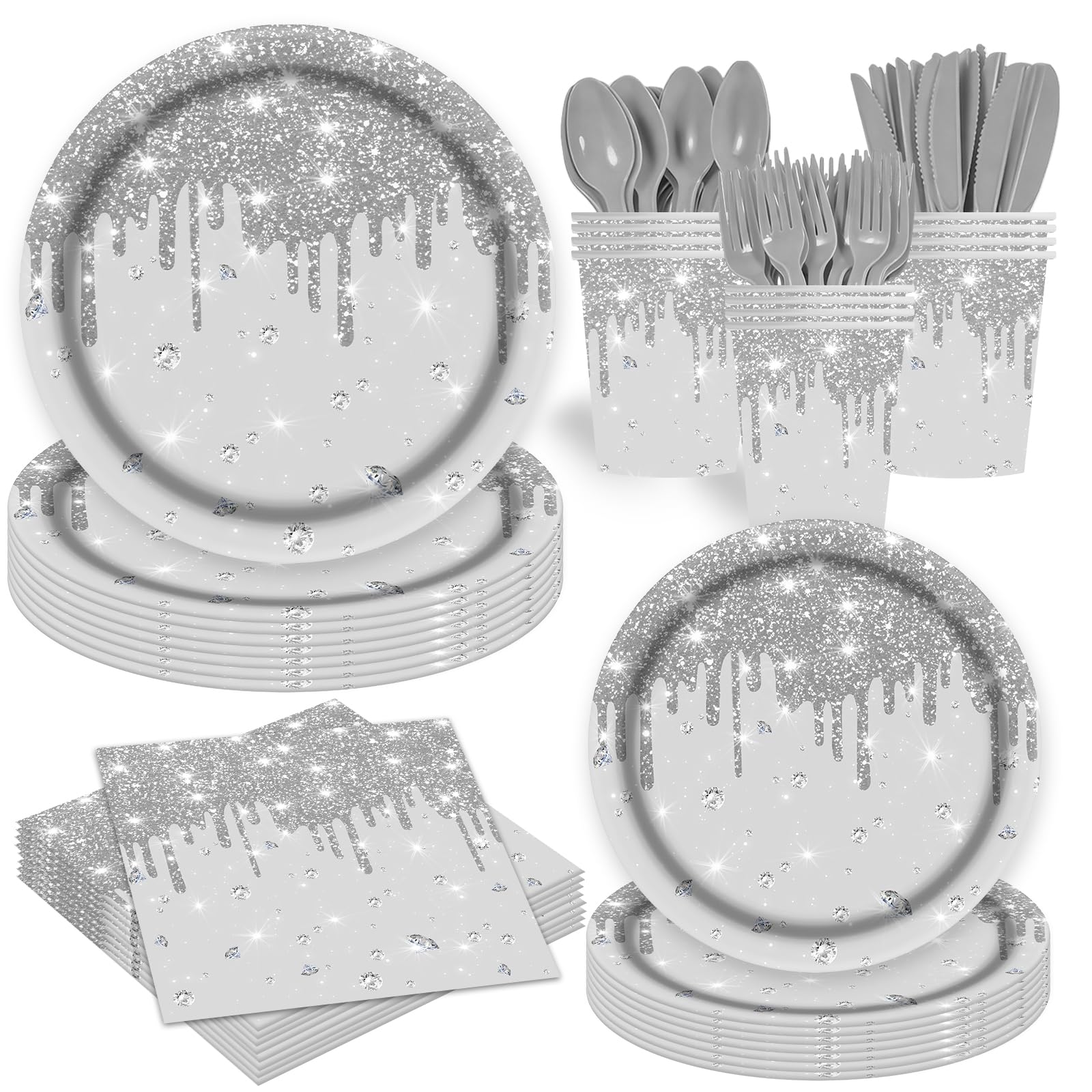 Photo 1 of 140Pcs Silver Glitter Birthday Party Decorations Include Silver Glitter Diamond Paper Plates and Napkins Cups Cutlery Silver Glitter Disposable Tableware for Birthday Anniversary Wedding (Silver)