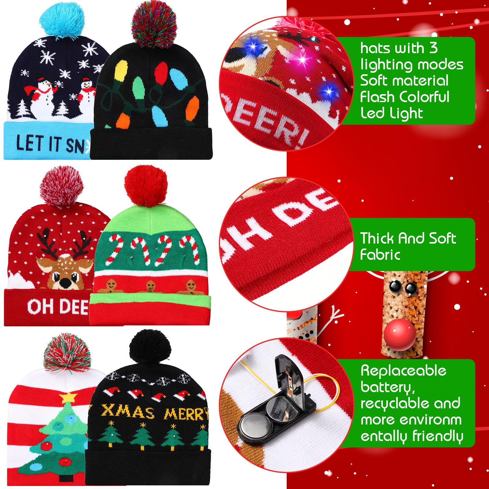 Lot de 6 chapeaux de Noël lumineux lumineux à LED pour femmes et hommes adultes non sexes hiver moche pull