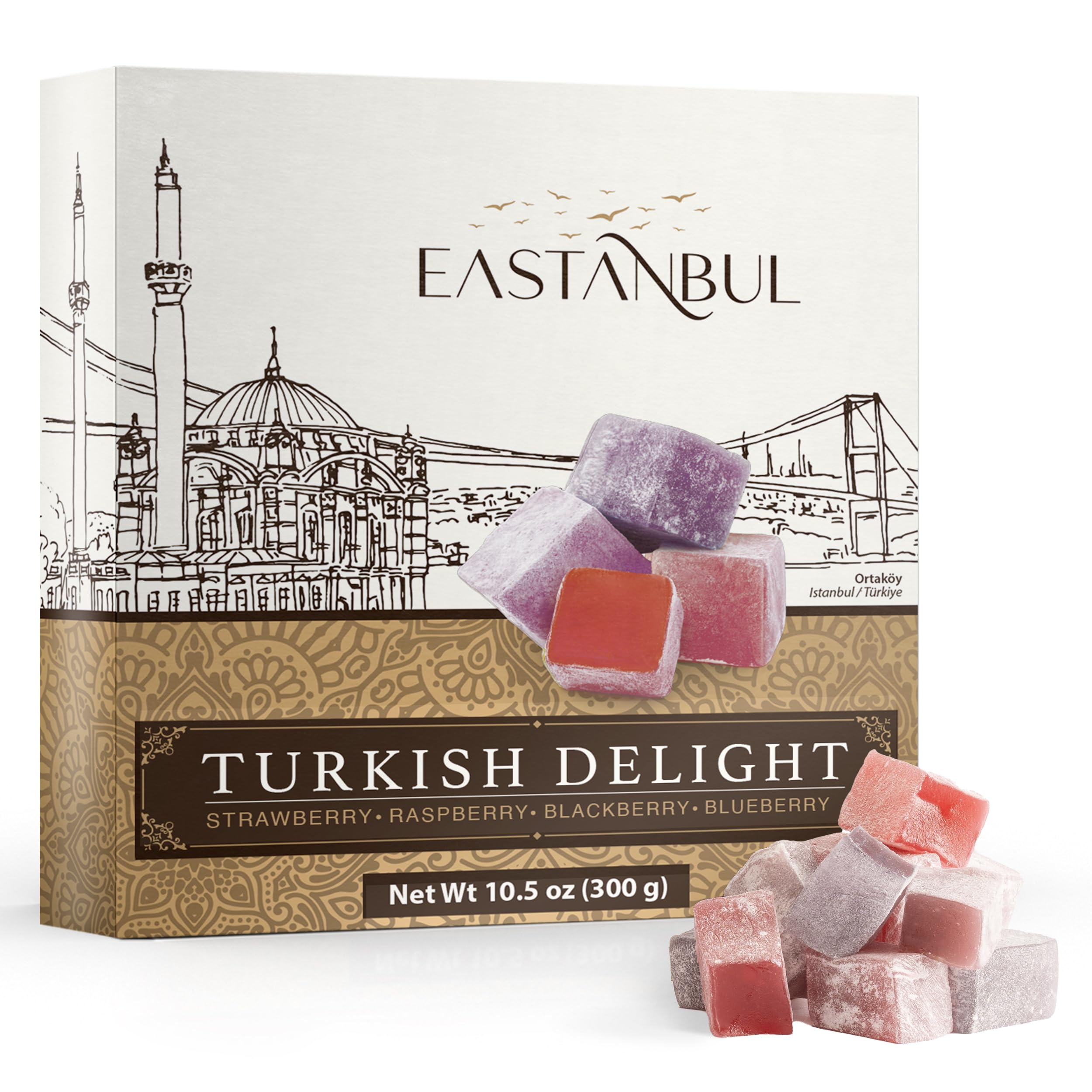 Turkish Delight, 10.5oz, Turkish Delights Candy Assorted Strawberry, Blackberry, Raspberry & Blueberry Flavor, International Candy, Lokum, Plain, Gluten Free, Vegan
