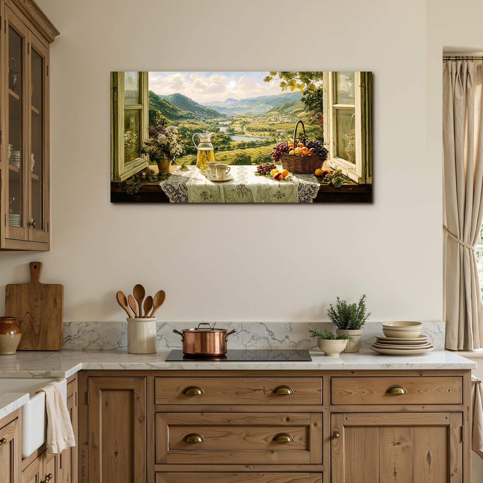 SERIMINO Modern Wandbild Küche Landschaft Leinwand Bilder Groß 59x119 cm | Blumen Früchte Berg Fluss Wanddeko, Hochauflösender Druck, Leinwand Holzrahmen, Einfache Montage, Raum Und Geschenk Geeignet