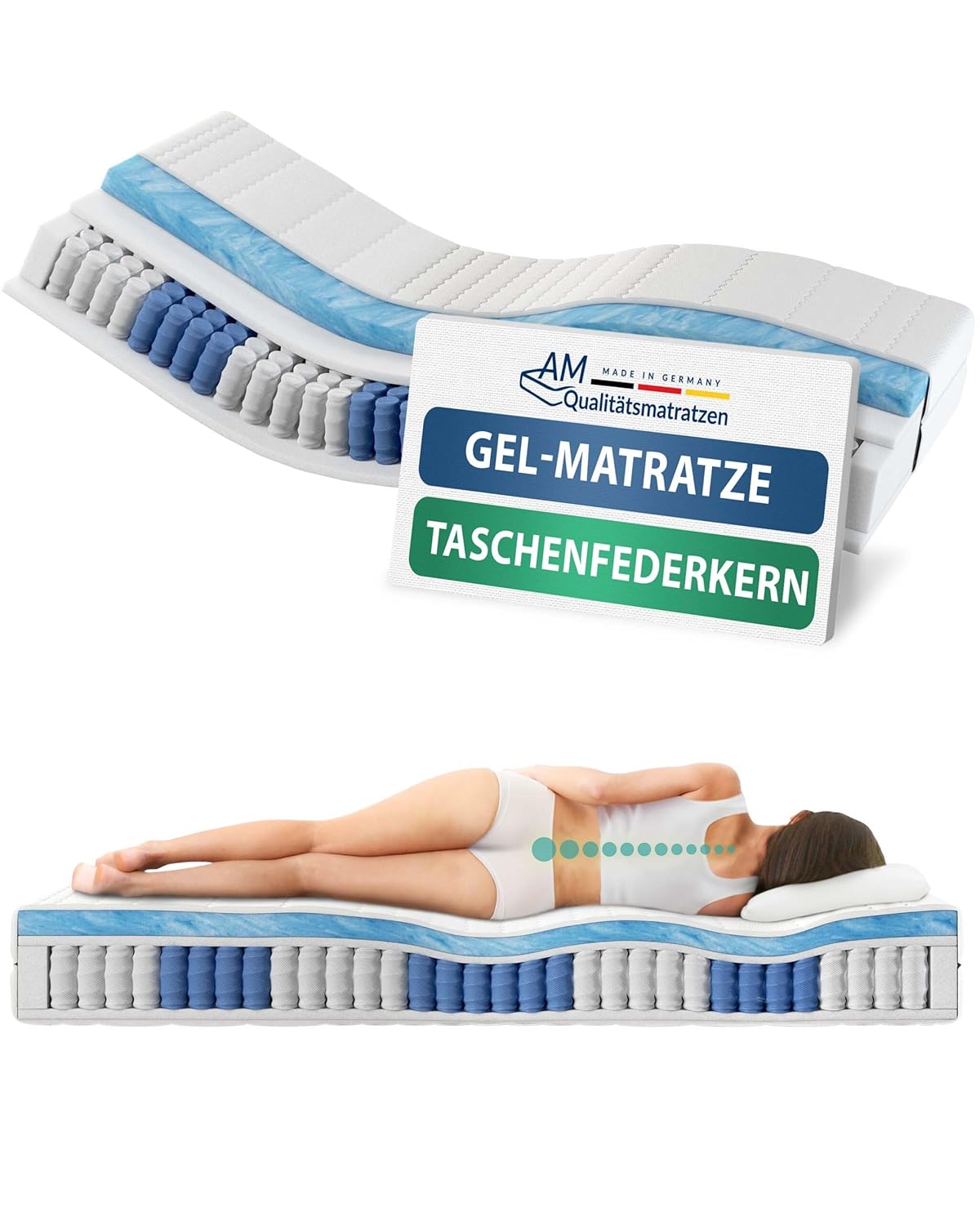 AM Qualitätsmatratzen – Gelschaum-Matratze 90x200cm H3 – Taschenfederkernmatratze Gelschaum 90 x 200 – Matratze mit integrierter 6cm…