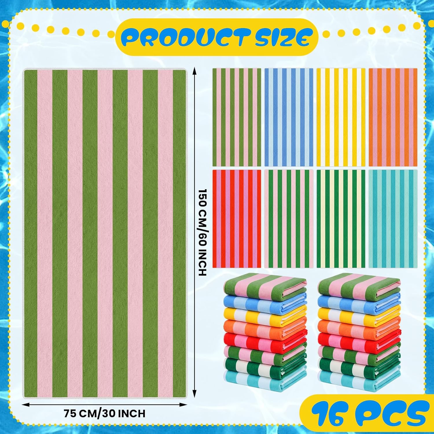 16 Pack 30 x 60 Inch Microfiber Bath Towels Bulk Oversized Size Stripes Bath Towel Dry Absorbent Extra Large Soft Drying for Sports Pool Swim Beach Camping Travel Towels 8 Color Set