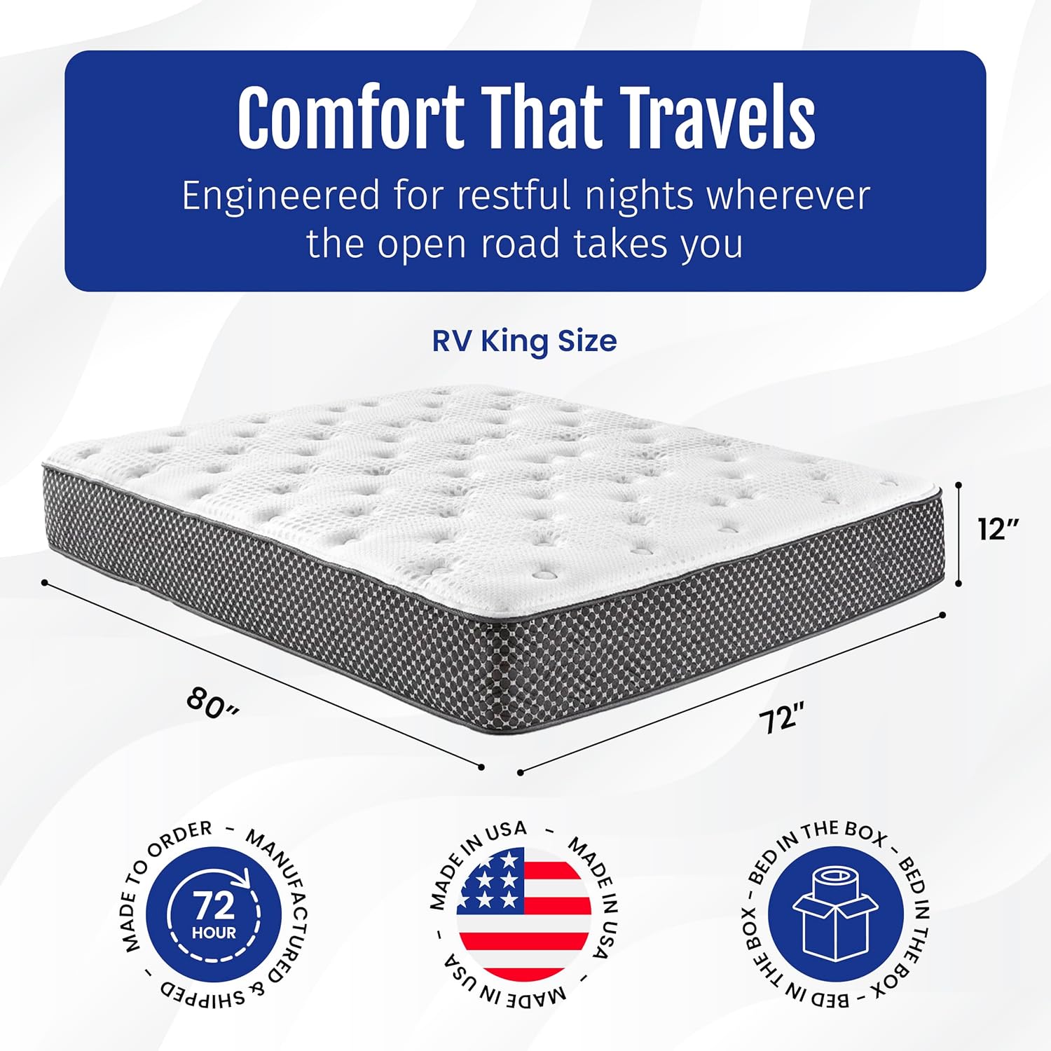WanderRest 12” Cool Hybrid RV Mattress, RV King 72x80, Plush-Medium Gel Memory Foam & Pocketed Coil Bed for RV, Camper or Travel Trailer, Cooling Comfort, Made in USA