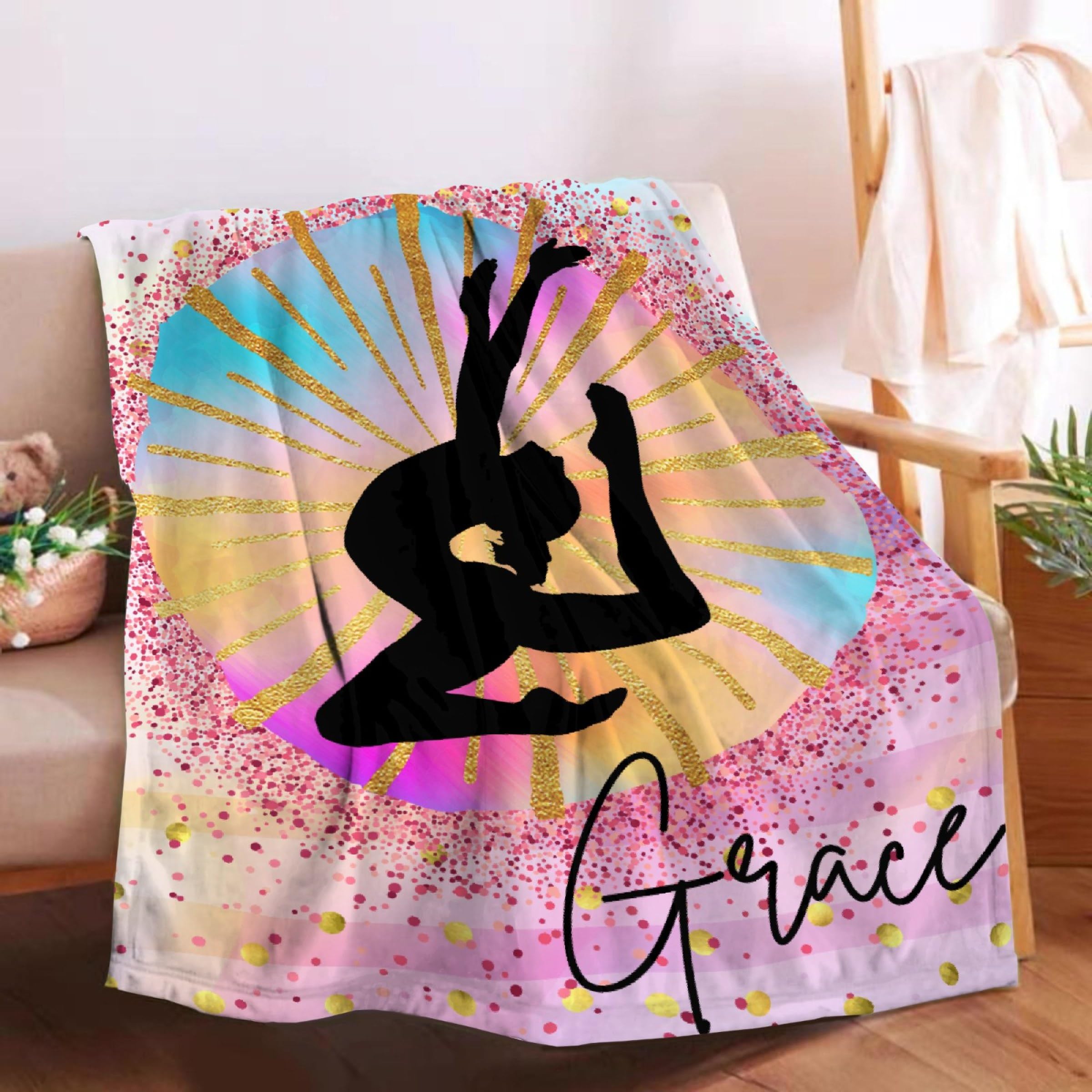 ARTBLANKET Personalize Gymnastics Blanket Gifts, Custom Gymnastics Gifts for Girls Gymnastics Thow Blankets for Girls Womens, Lightweight Fleece