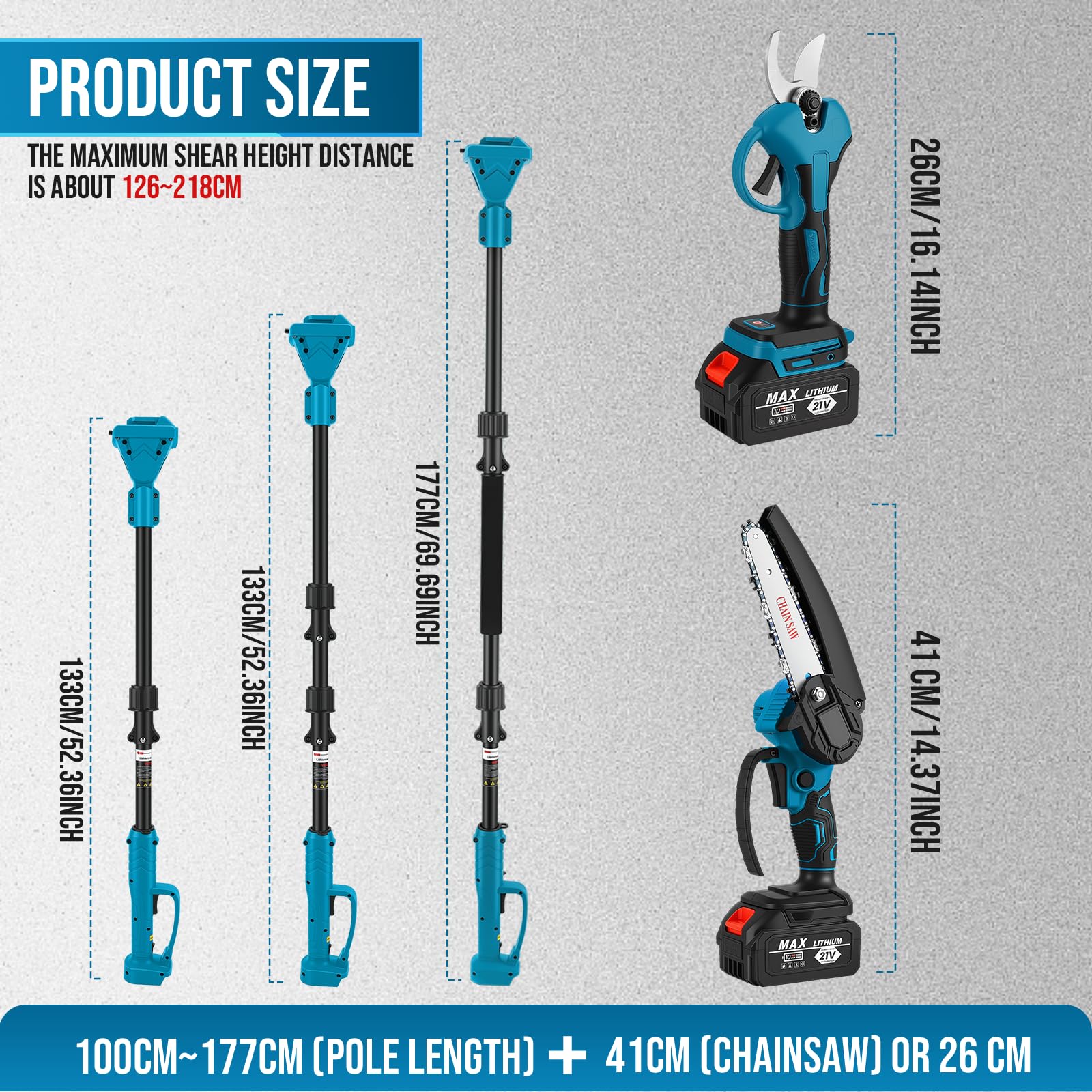4-in-1 Akku-Hochentaster Set mit 6 Zoll Mini-Kettensäge, 40 mm Astschere, Teleskop Astsäge, Hochentaster Akku Baumsäge Teleskopsäge mit Teleskopstange bis 4,5 m Höhe, 2x 2000 mAh Akkus und Ladegerät