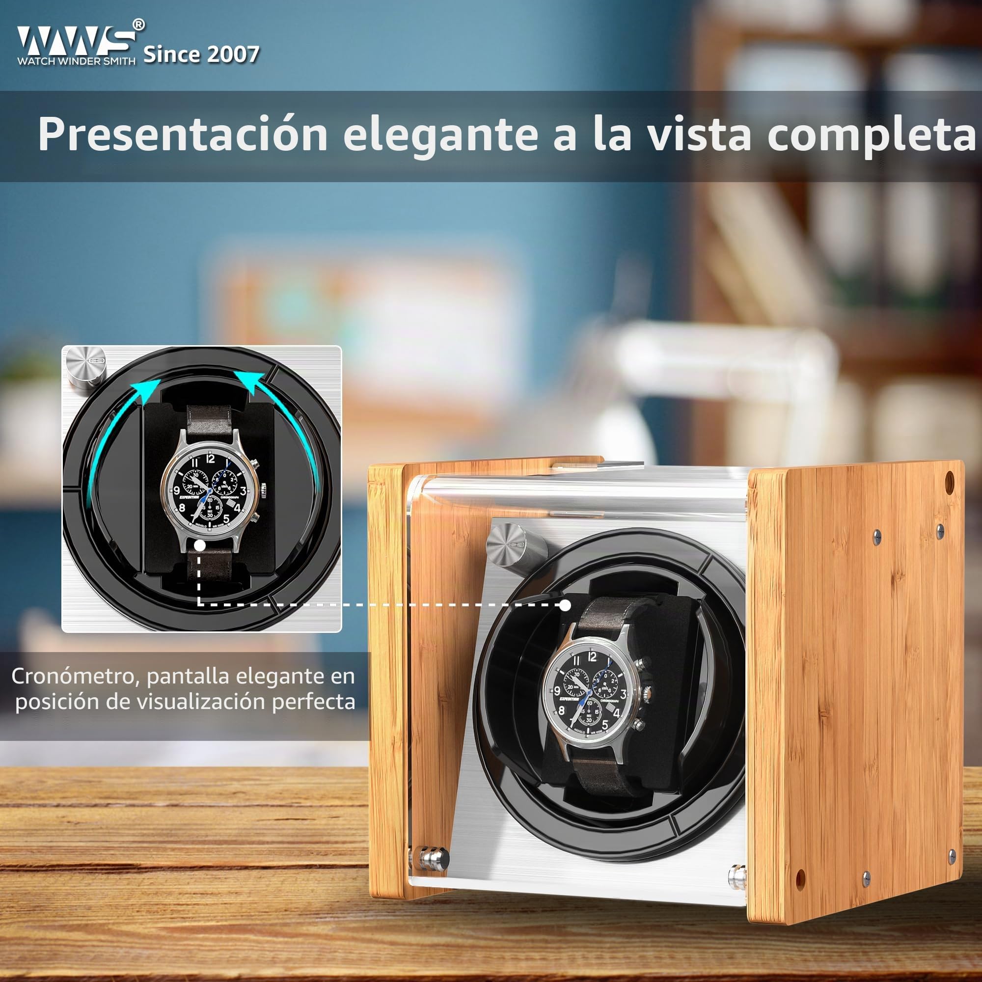 Watch Winder Smith - Reloj automático para Reloj, 100% artesanía, diseño de Patente de Madera de bambú, Motor japonés ultrailencioso con CA o a Pilas