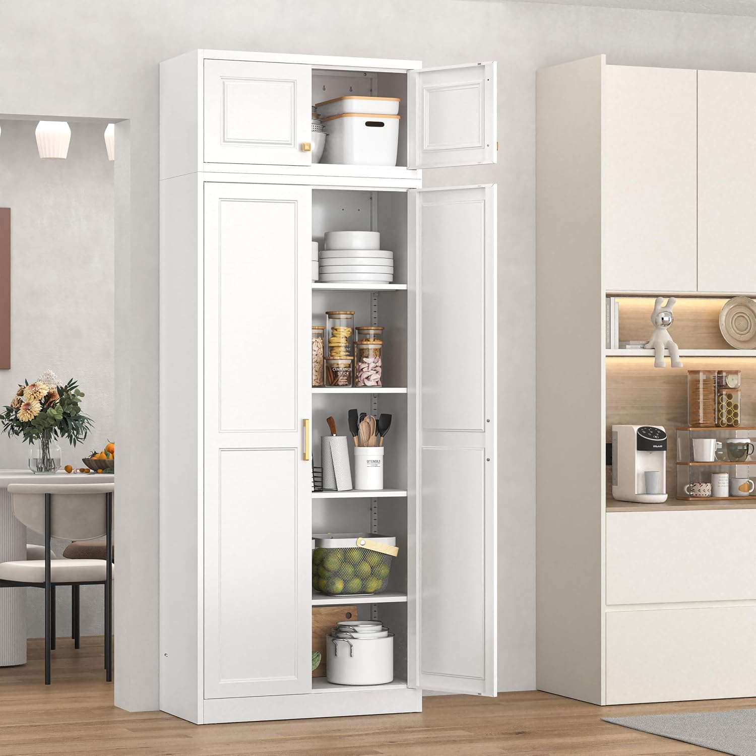 86" Metal Storage Cabinet with 4 Doors & 4 Adjustable Shelves, White Tall Pantry Cabinet for Kitchen, Living Room, Office, Home & School Use