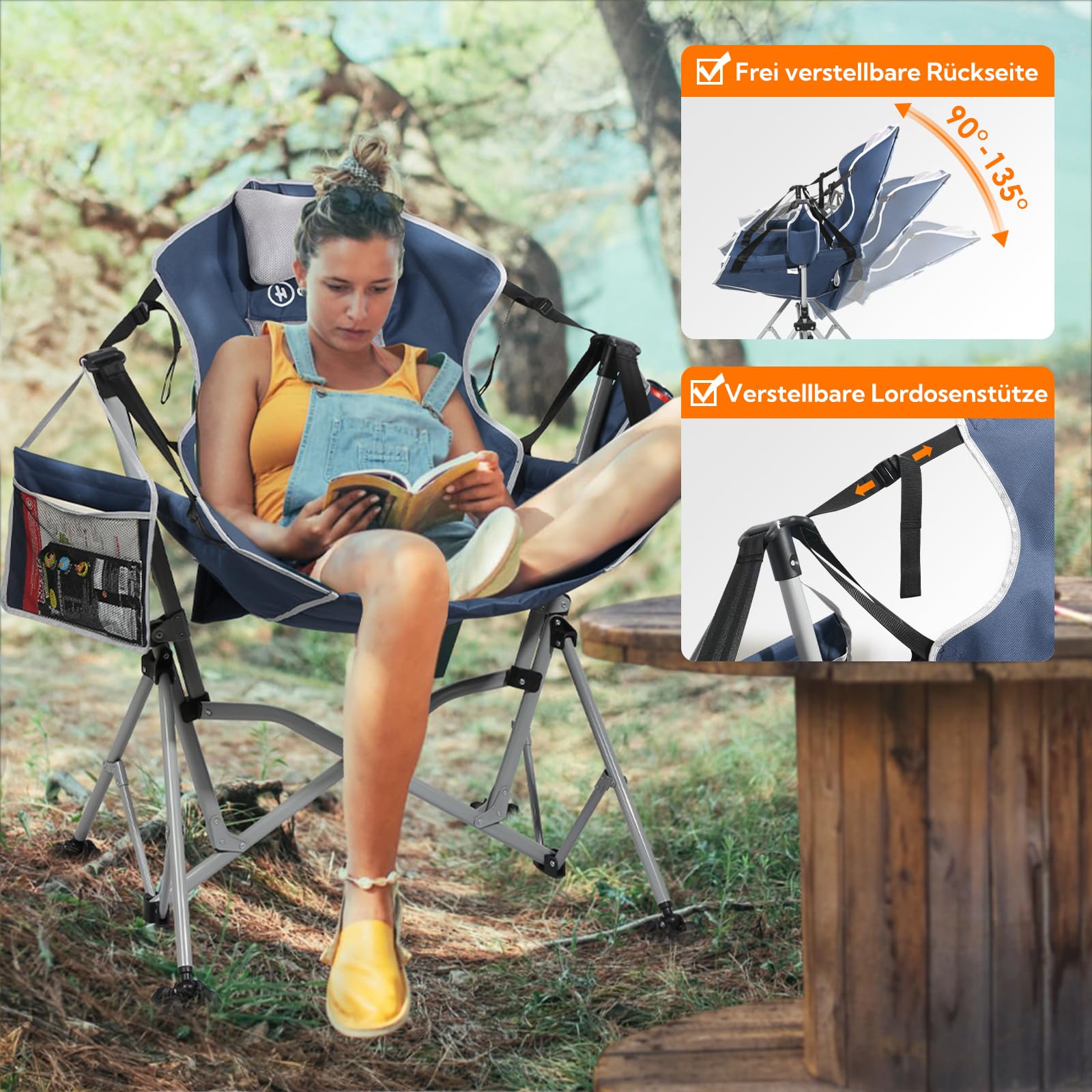 Homecall Campingstuhl Faltbar Bis 181 KG mit Gepolstert, Verstellbare Rückenlehne, Schaukelstuhl mit Getränkehalter, Kissen, Tasche Klappstuhl für Camping, Outdoor, Balkon, Garten, XXL (Blau) Sport & Freizeit