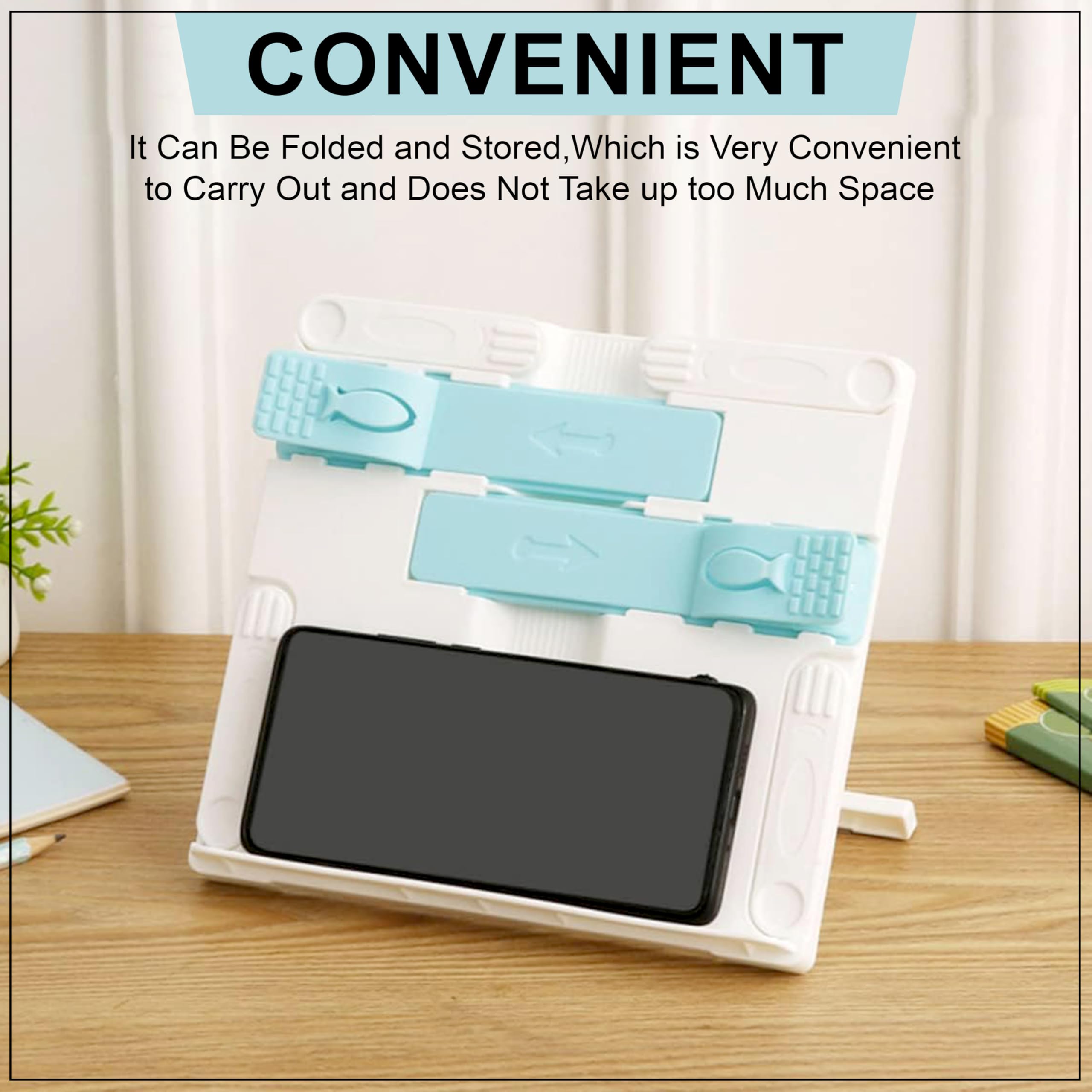 GLUN® Reading Stand White Colour, Pack of 1 Book Display Stand, Adjustable Width & Height with Both Side Page Clips, Foldable Book Stand 1