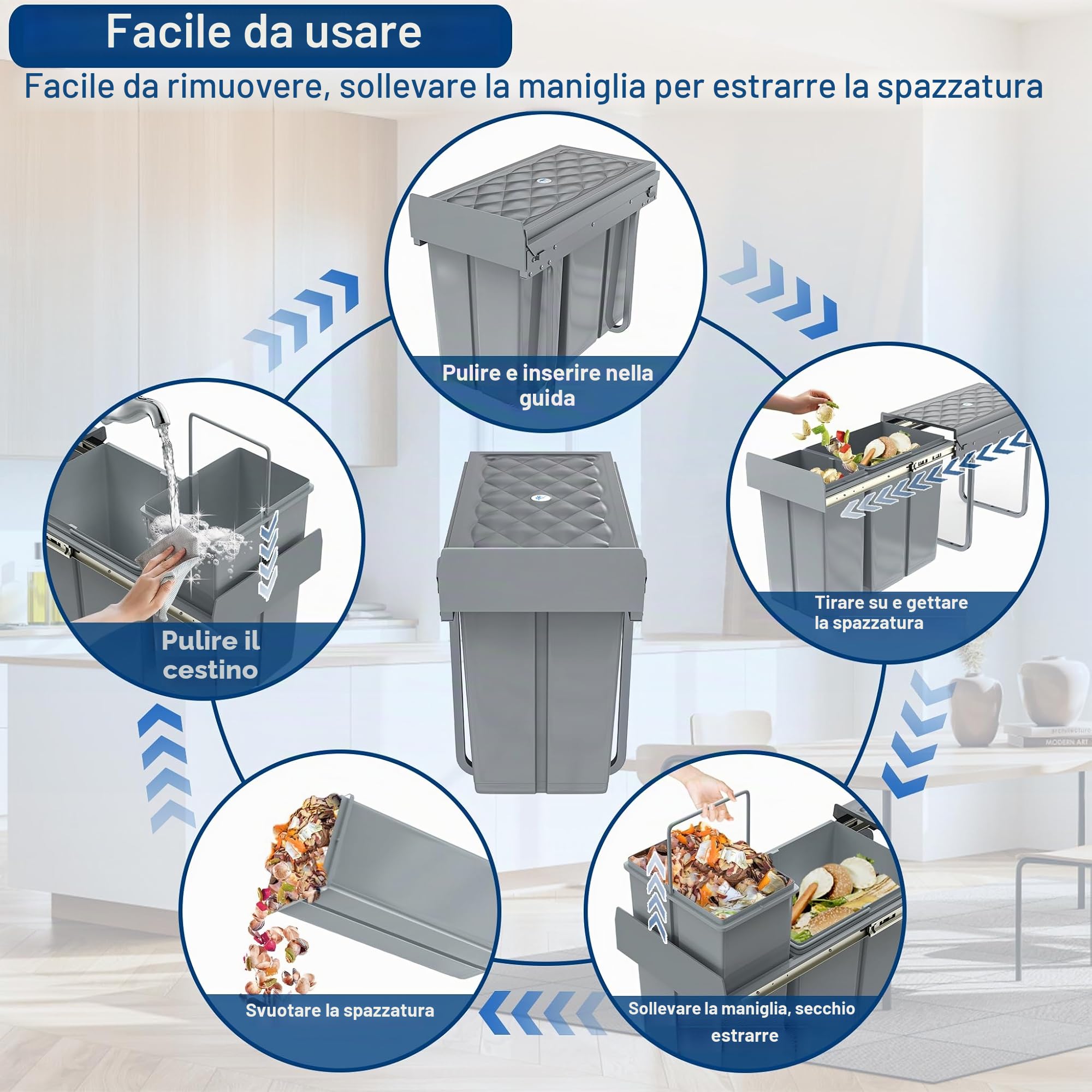 Froadp - Pattumiera da incasso per cucina, estraibile, con raccoglitore di rifiuti, 2 scomparti, sistema di separazione dei rifiuti, estrazione completa con guide telescopiche, 48 x 26 x 41,8 cm