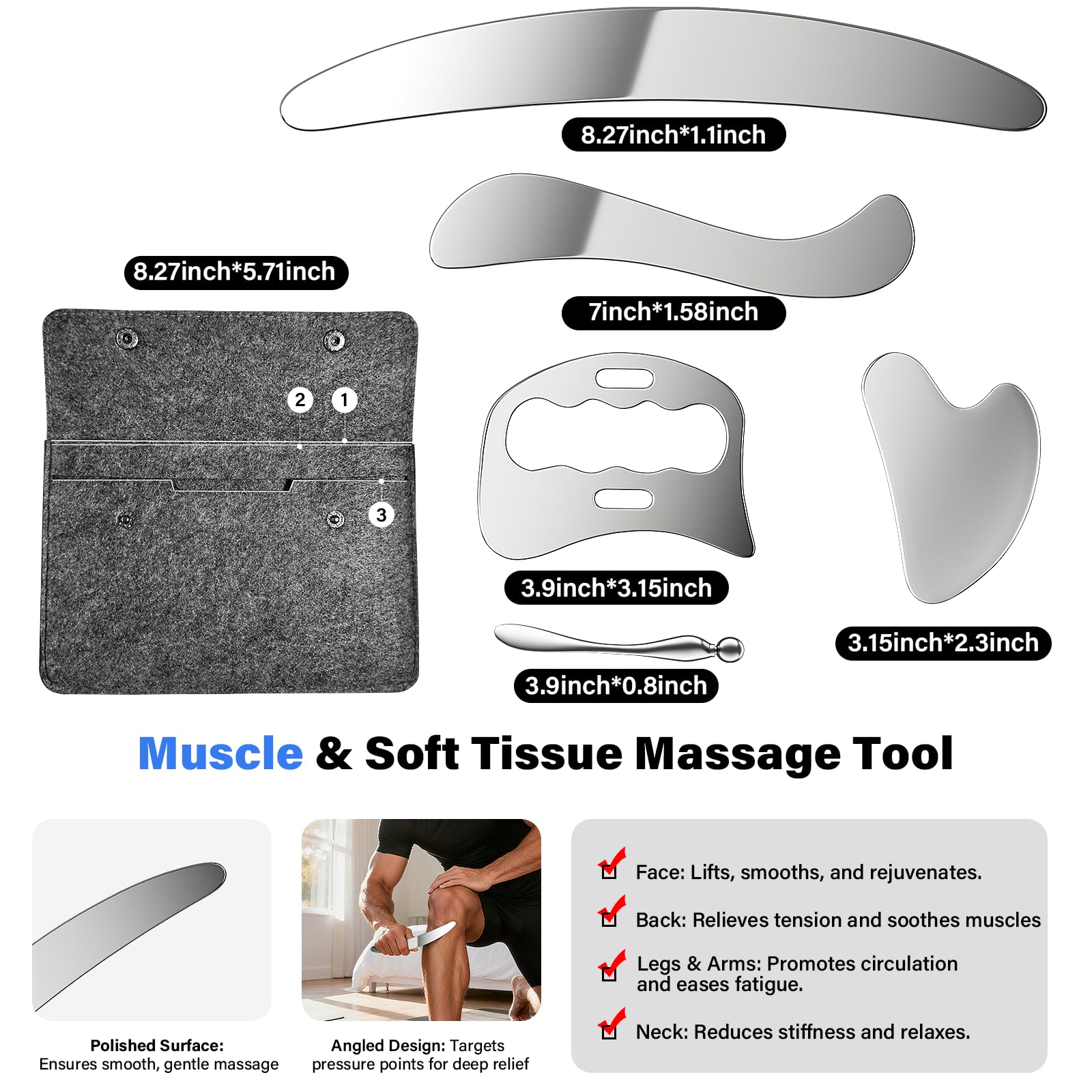5-in-1-Muskelschaber-Werkzeug-Set, Schab-Massagewerkzeuge für Physiotherapie, Derma-Kanten-Massagewerkzeug & GuaSha-Massage-Schaber aus Edelstahl für Gesicht und Körper (5 Stück) (grau)