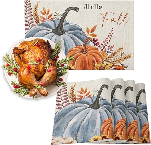 Fall Placemats, Hello Fall Orange Blue Pumpkin Leaf Thanksgiving Placemats Set of 6, Seasonal Autumn Harvest Place Mats Washable Table Mats for