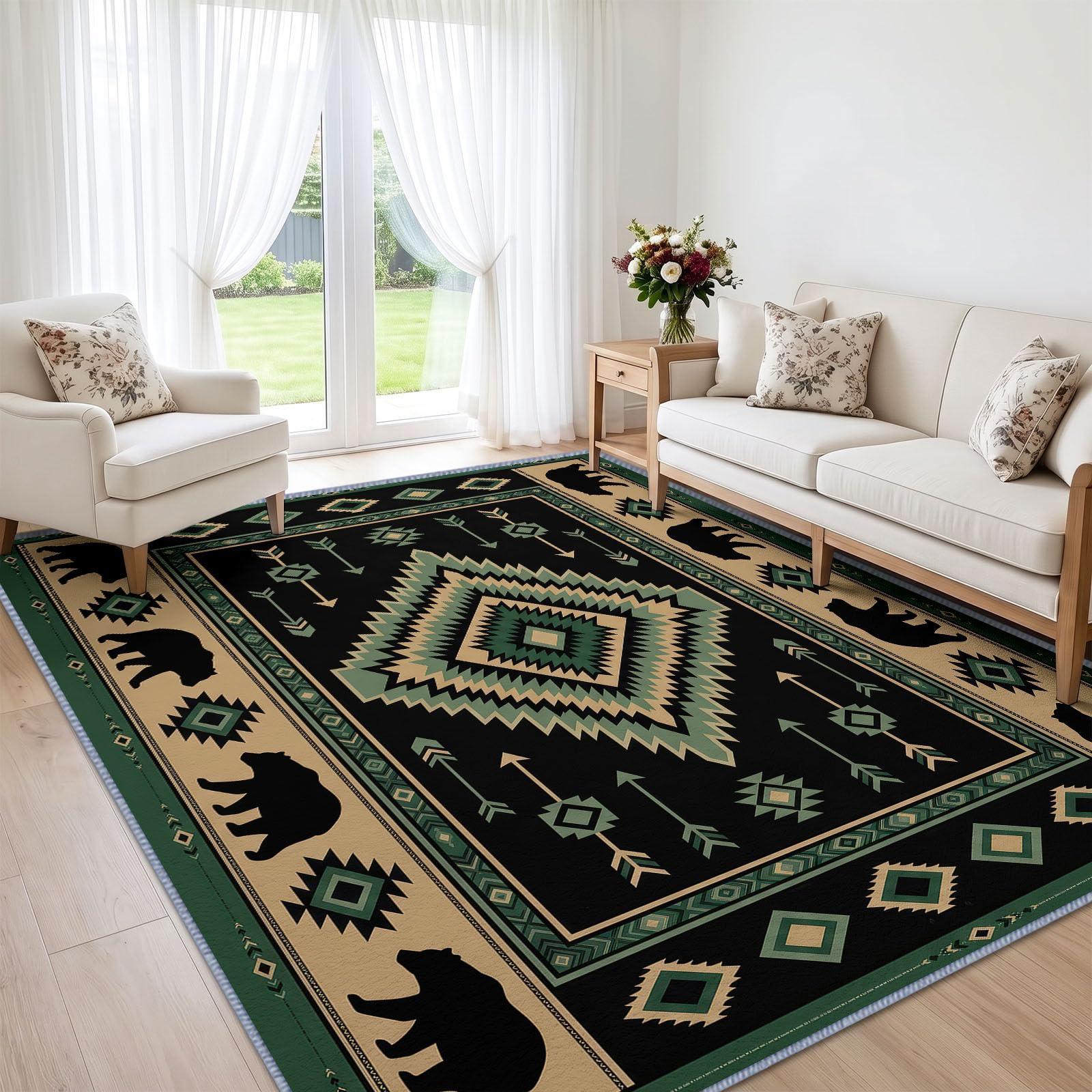 Waschbarer Wohnzimmerteppich 180 x 240 cm Traditionelle Ethnische Geometrische Raute Pfeil Flauschig Weich Teppiche, Schwarz rutschfest Pflegeleicht Teppiche für Wohnzimmer Schlafzimmer Kinderzimer