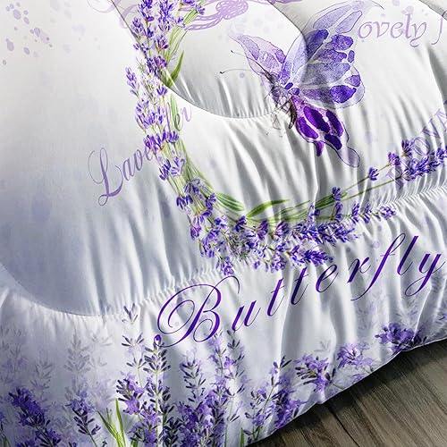 Miniatura 6 de CVHOUSE Hermoso juego de edredón de mariposa, tamaño individual, juego de ropa de cama con flores de lavanda floreciente y mariposa voladora, juego