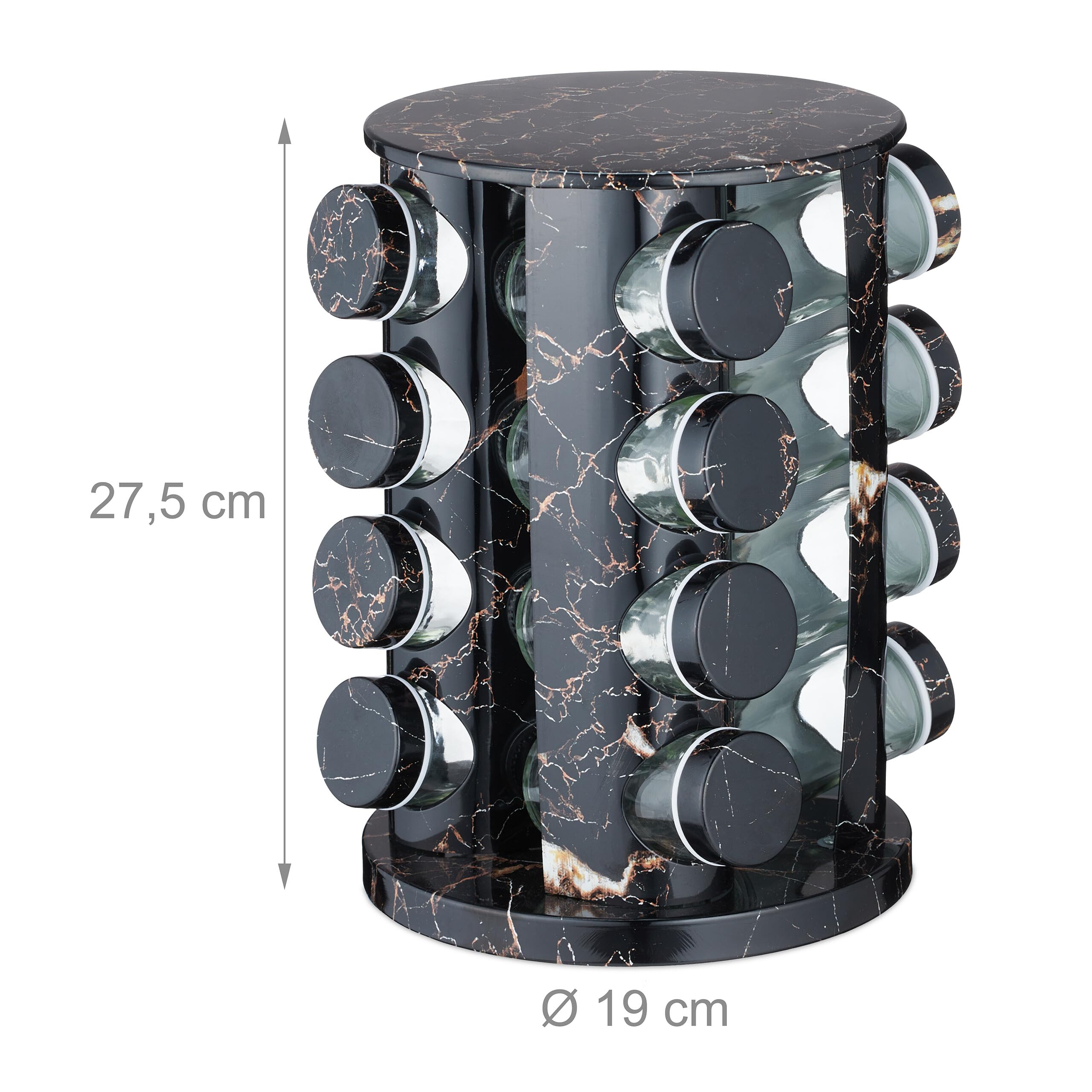 Relaxdays Portaspezie da Cucina, 16 Barattoli, Fori Spargispezie, Girevole a 360°, HxD: 27,5x19 cm, Effetto Marmo, Nero