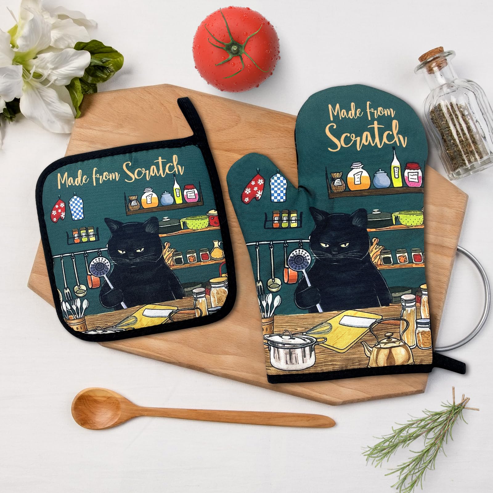 Made from Scratch,Funny Oven Mitts and Pot Holders Sets of 2,Silicone Non-Slip Oven Mitts,Kitchen Gift for Men Women,Cooking Baking BBQ Gifts,Cat Oven Mitts,Cat Lover Gift