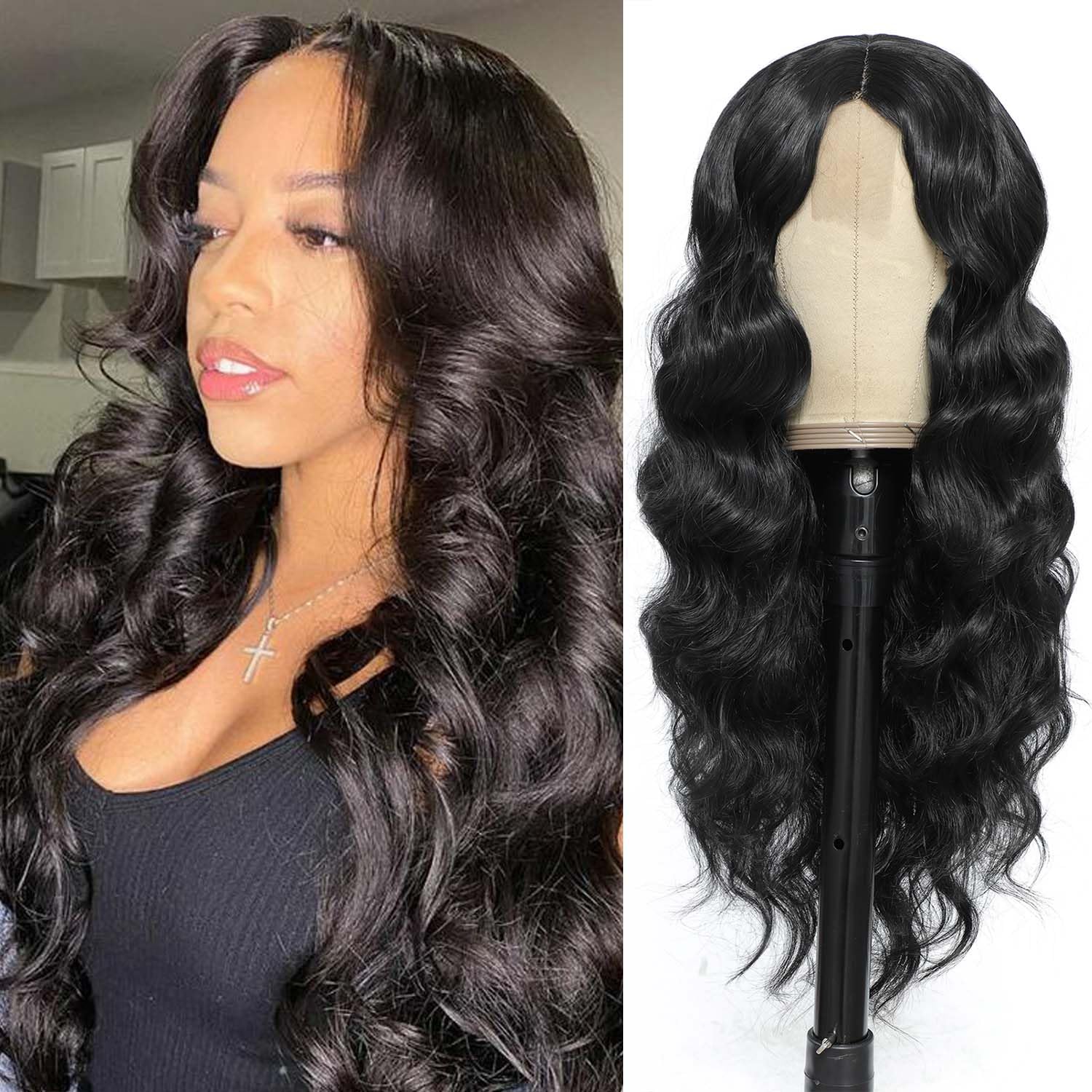 INSTASTYLEBouncy Wave Wigs Casual Wig Body Wave Lace Front Wig Synthetic Wavy Wigs for Black Women 24 inch Long Wavy Black Wig Synthetic Hair Wigs Natural Color