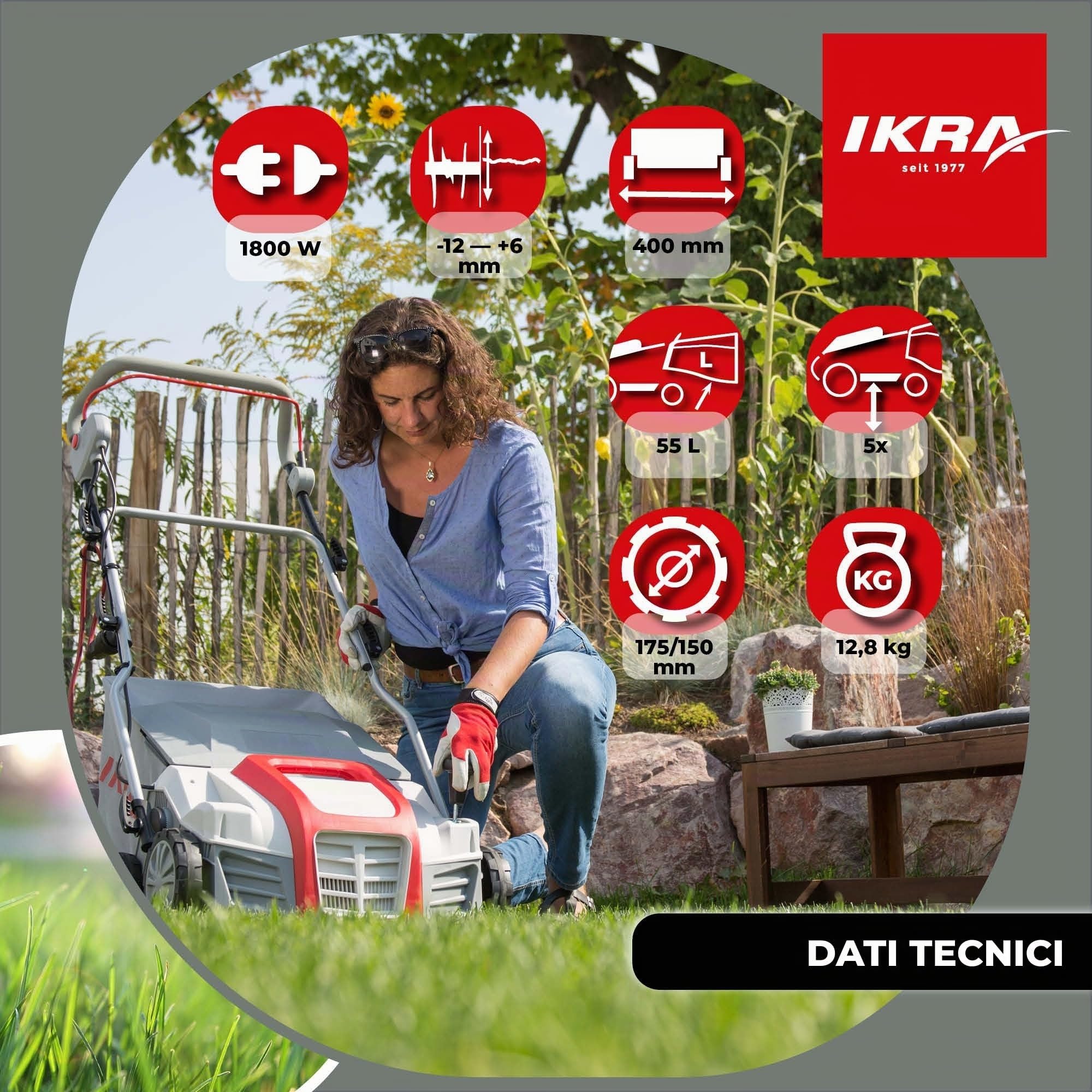 IKRA IEVL 1840 Scarificatore Arieggiatore Elettrico 1800W 230V Larghezza 40cm Cesto 55l